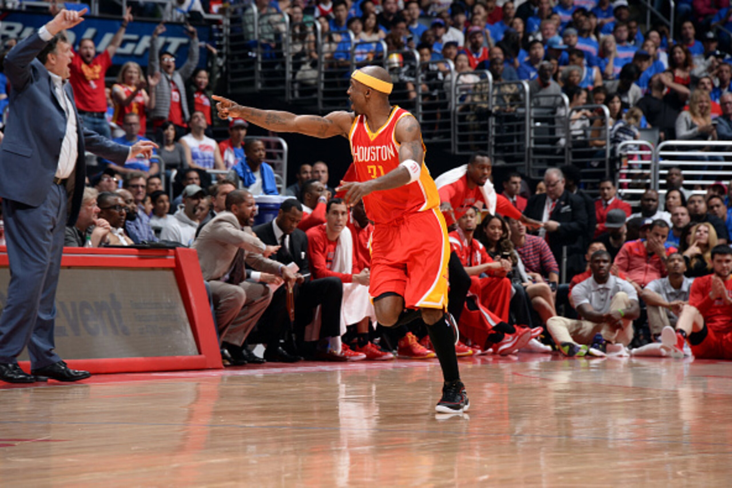 LOS ANGELES, CA - MAY 10: Jason Terry #31 of the Houston Rockets celebrates during a game against the Los Angeles Clippers in Game Four of the Western Conference Semifinals during the 2015 NBA Playoffs on May 10, 2015 at STAPLES Center in Los Angeles, Cal