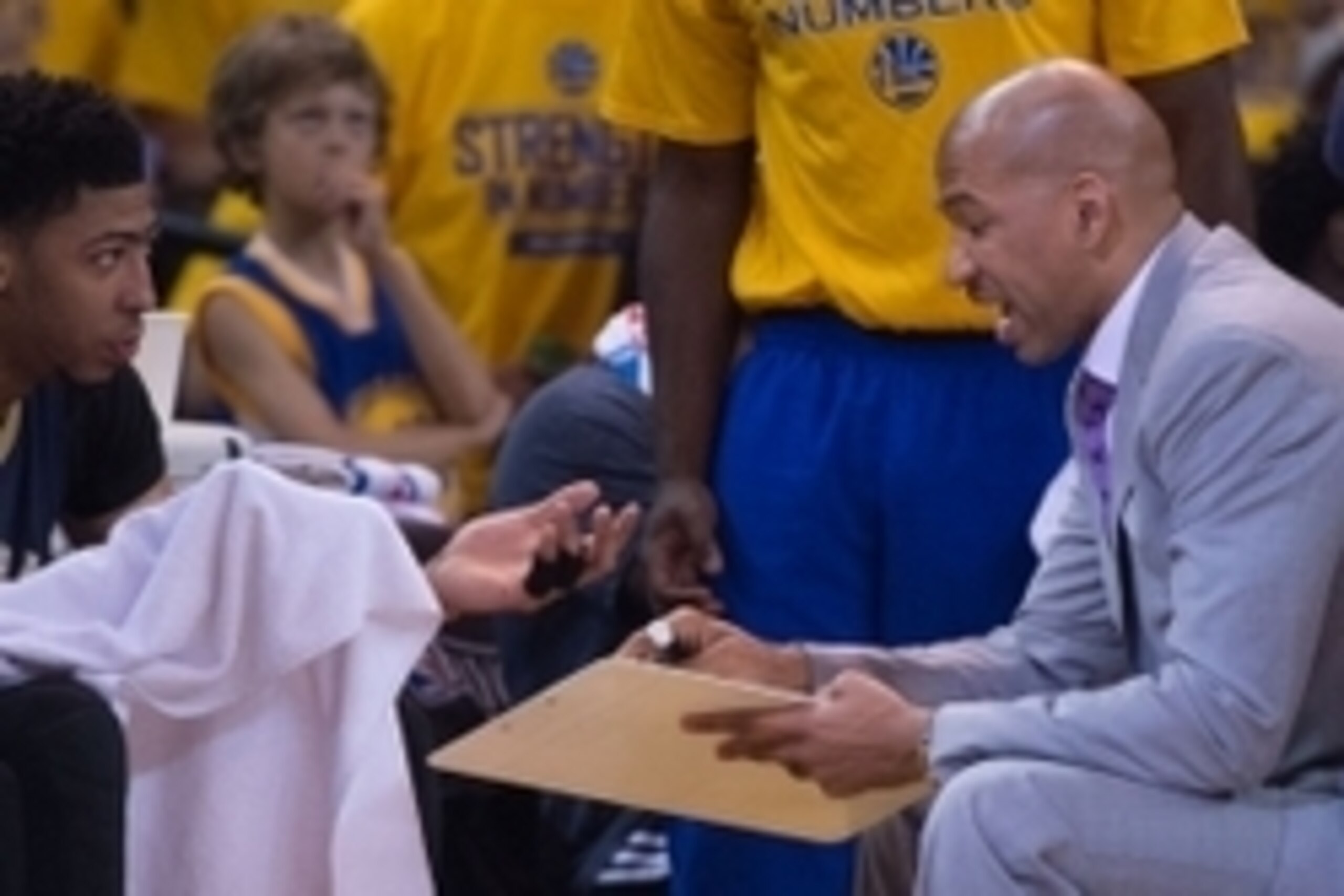 April 20, 2015; Oakland, CA, USA; New Orleans Pelicans head coach Monty Williams (right) instructs forward Anthony Davis (23, left) during the second quarter in game two of the first round of the NBA Playoffs against the Golden State Warriors at Oracle Ar