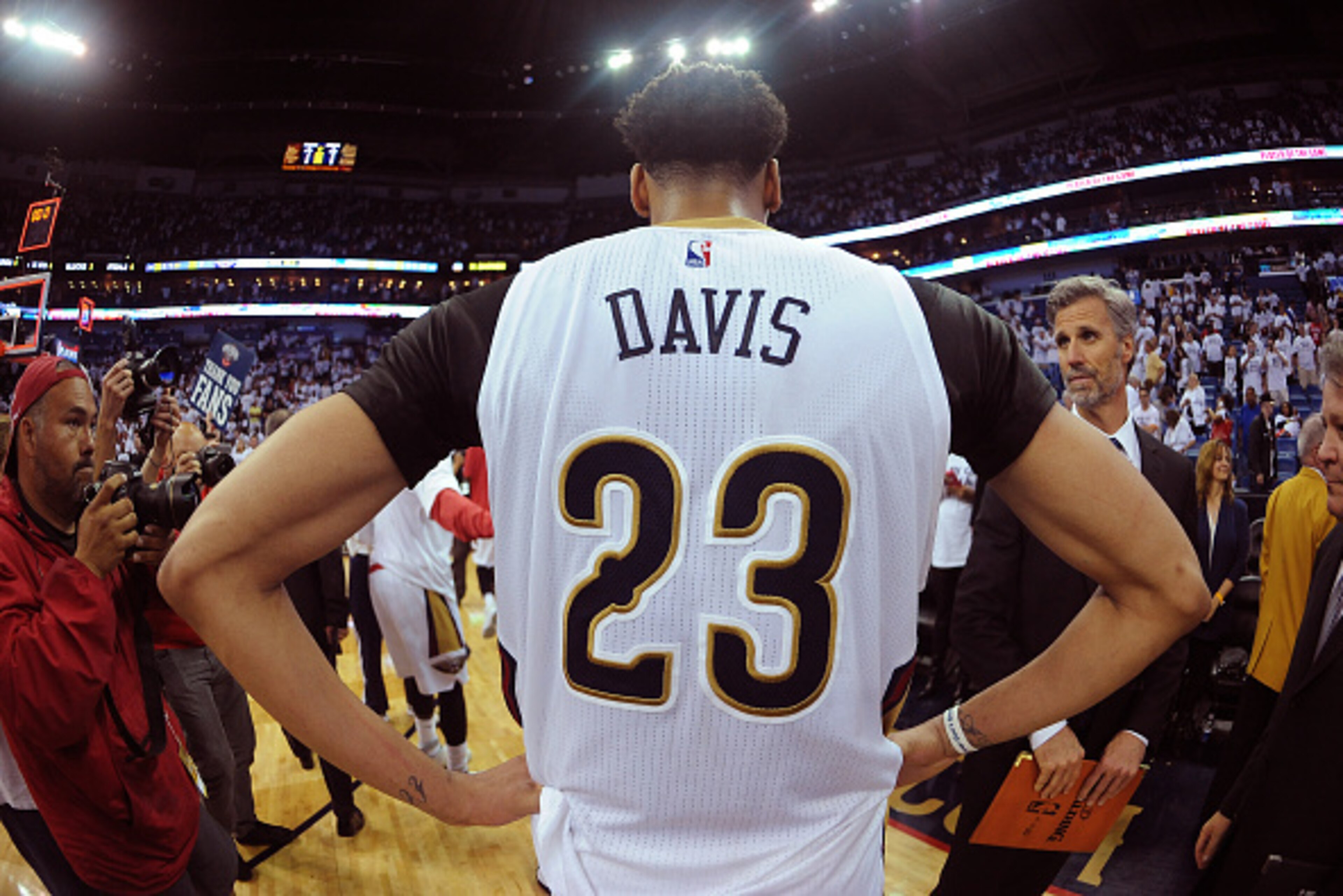 NEW ORLEANS, LA - APRIL 25:  A close up shot of Anthony Davis #23 of the New Orleans Pelicans against the Golden State Warriors after Game Four of the Western Conference Quarterfinals during the NBA Playoffs at Smoothie King Center on April 25, 2015 in Ne