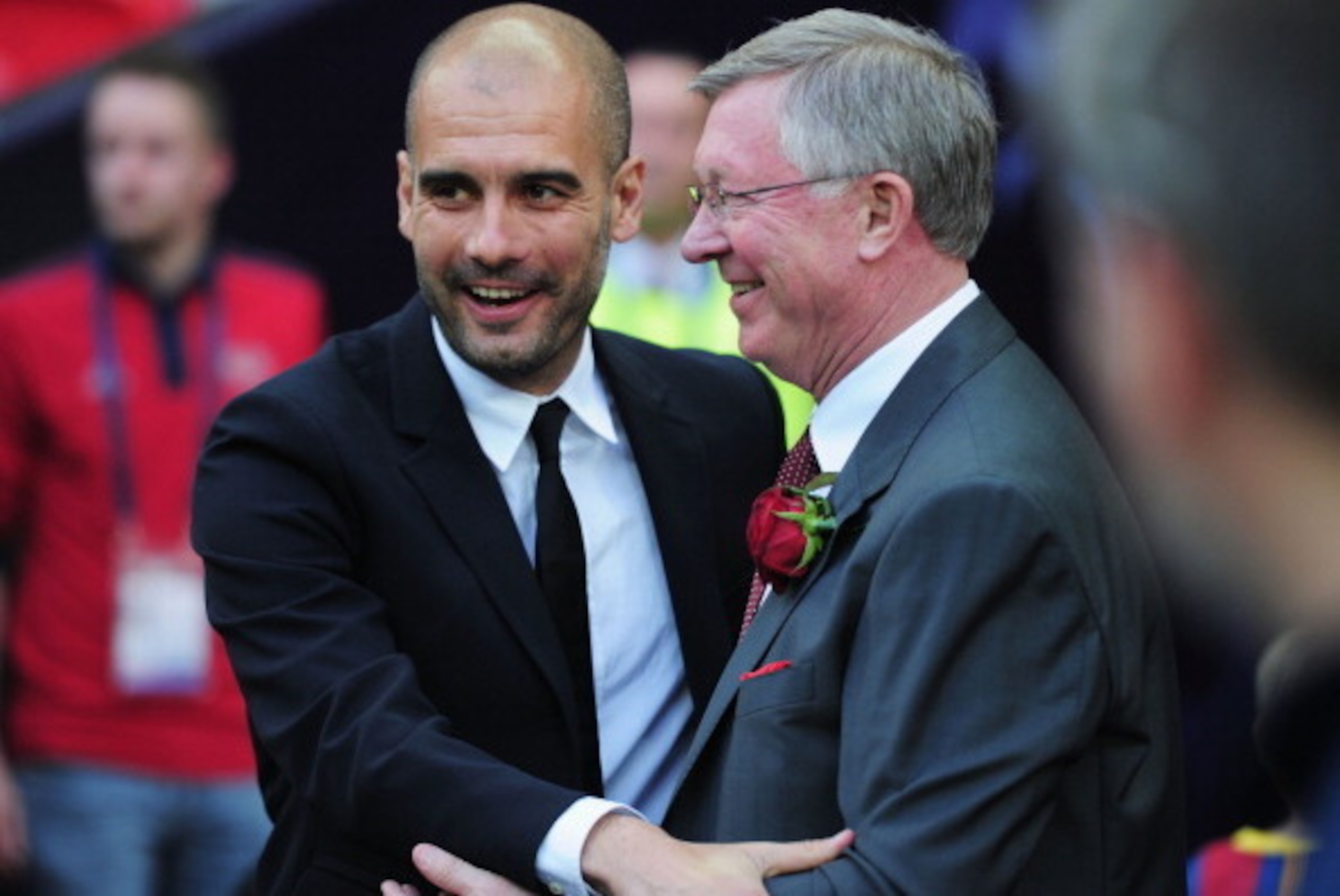 LONDON, ENGLAND - MAY 28: Josep Guardiola manager of FC Barcelona (L) greets Sir Alex Ferguson manager of Manchester United ahead of the UEFA Champions League final between FC Barcelona and Manchester United FC at Wembley Stadium on May 28, 2011 in Londo LONDON, ENGLAND - MAY 28: Josep Guardiola manager of FC Barcelona (L) greets Sir Alex Ferguson manager of Manchester United ahead of the UEFA Champions League final between FC Barcelona and Manchester United FC at Wembley Stadium on May 28, 2011 in Londo