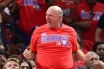 May 2, 2015; Los Angeles, CA, USA; Los Angeles Clippers owner Steve Ballmer in the second half of game seven of the first round of the NBA Playoffs against the San Antonio Spurs at Staples Center. Clippers won 111-109. Mandatory Credit: Jayne Kamin-Oncea-