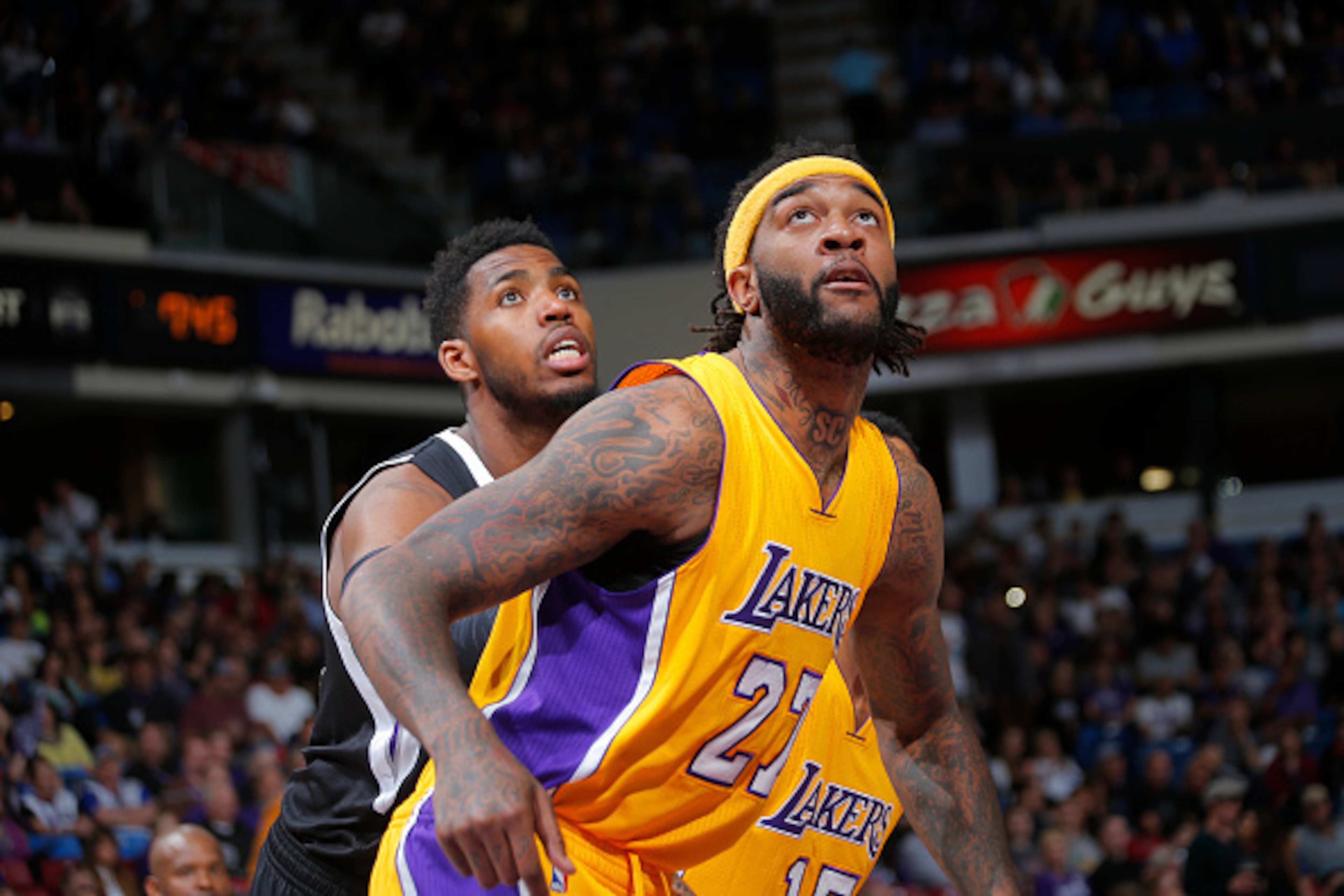 SACRAMENTO, CA - APRIL 13: Jordan Hill #27 of the Los Angeles Lakers boxes out Jason Thompson #34 of the Sacramento Kings on April 13, 2015 at Sleep Train Arena in Sacramento, California. NOTE TO USER: User expressly acknowledges and agrees that, by downl