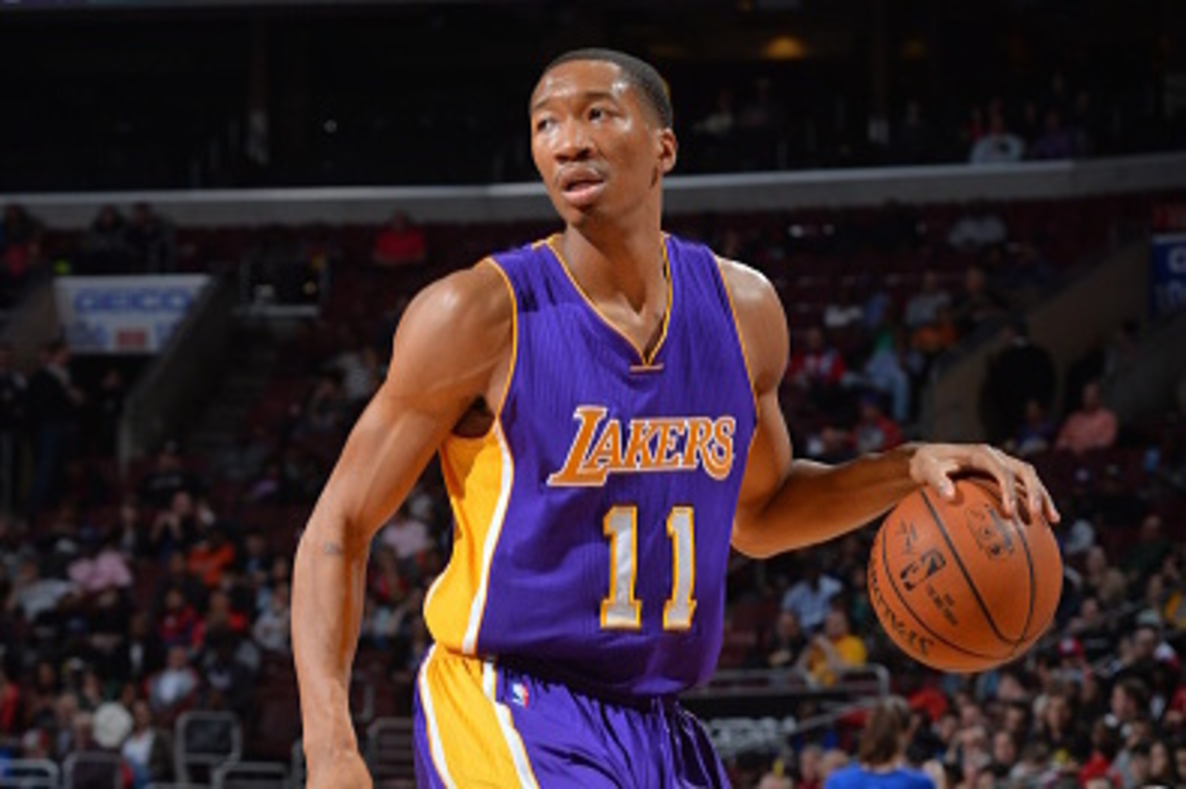 PHILADELPHIA,PA - MARCH 30: Wesley Johnson #11 of the Los Angeles Lakers dribbles the ball against the Philadelphia 76ers at Wells Fargo Center on March 30, 2015 in Philadelphia, Pennsylvania NOTE TO USER: User expressly acknowledges and agrees that, by d