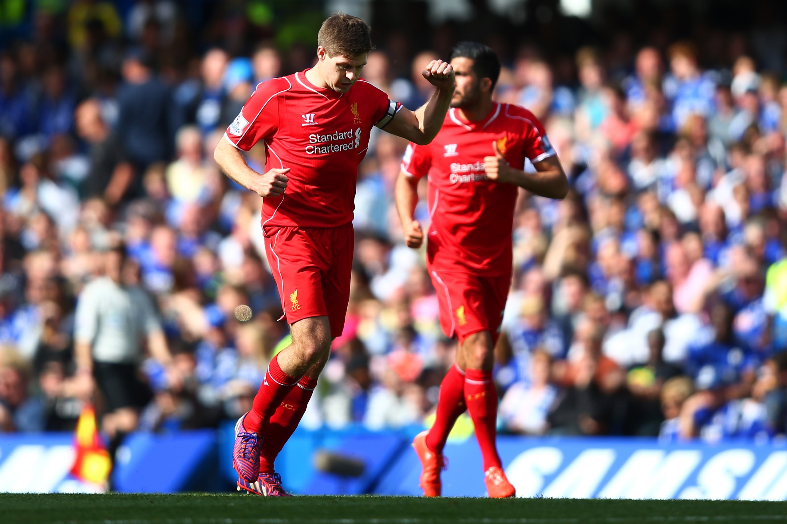Gerrard celebrates scoring against Chelsea