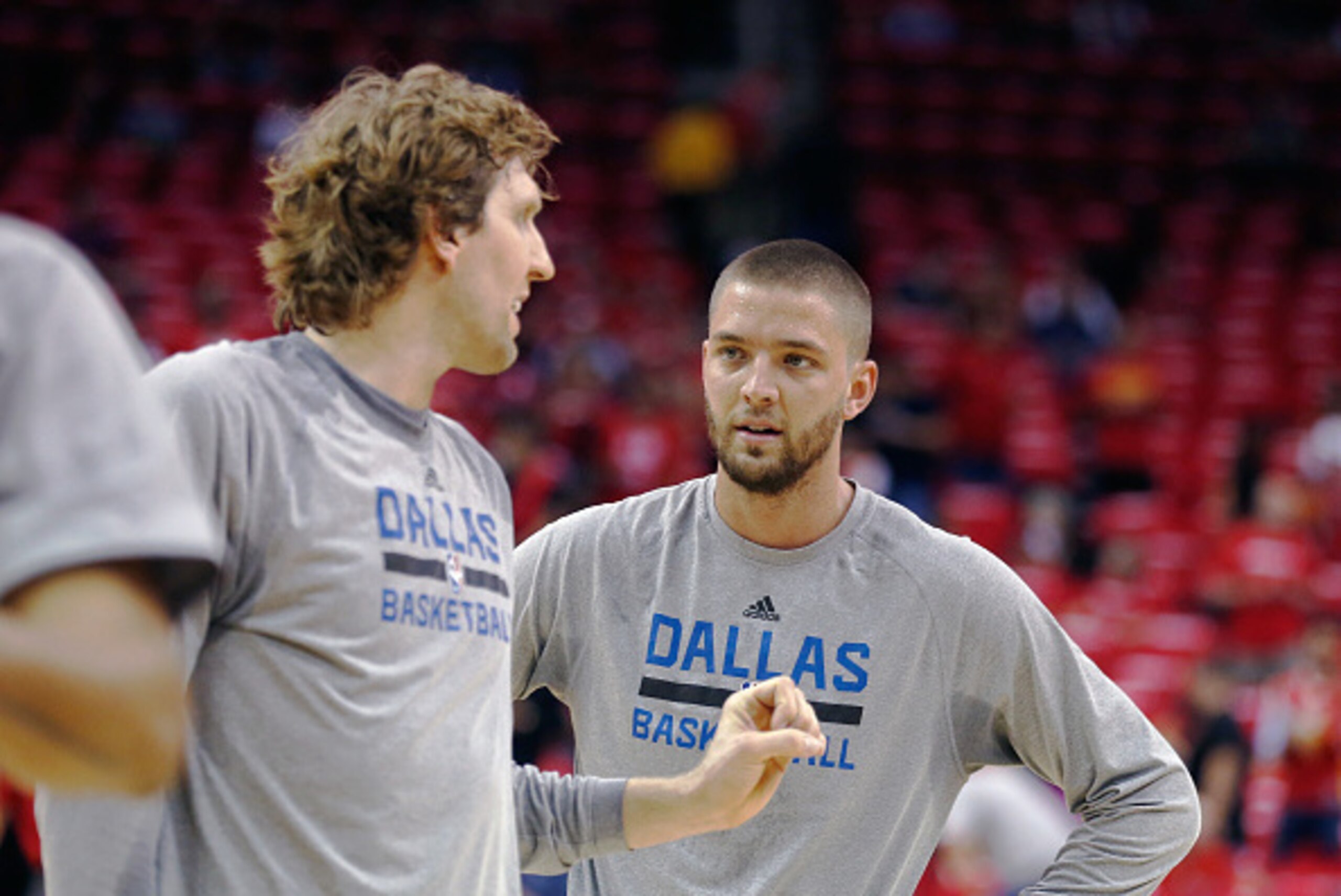 HOUSTON, TX - APRIL 18:  Dirk Nowitzki #41 (L) and Chandler Parsons #25 of the Dallas Mavericks wait on the court prior to the start of the game between the Dallas Mavericks and Houston Rockets during Game One in the Western Conference Quarterfinals of th