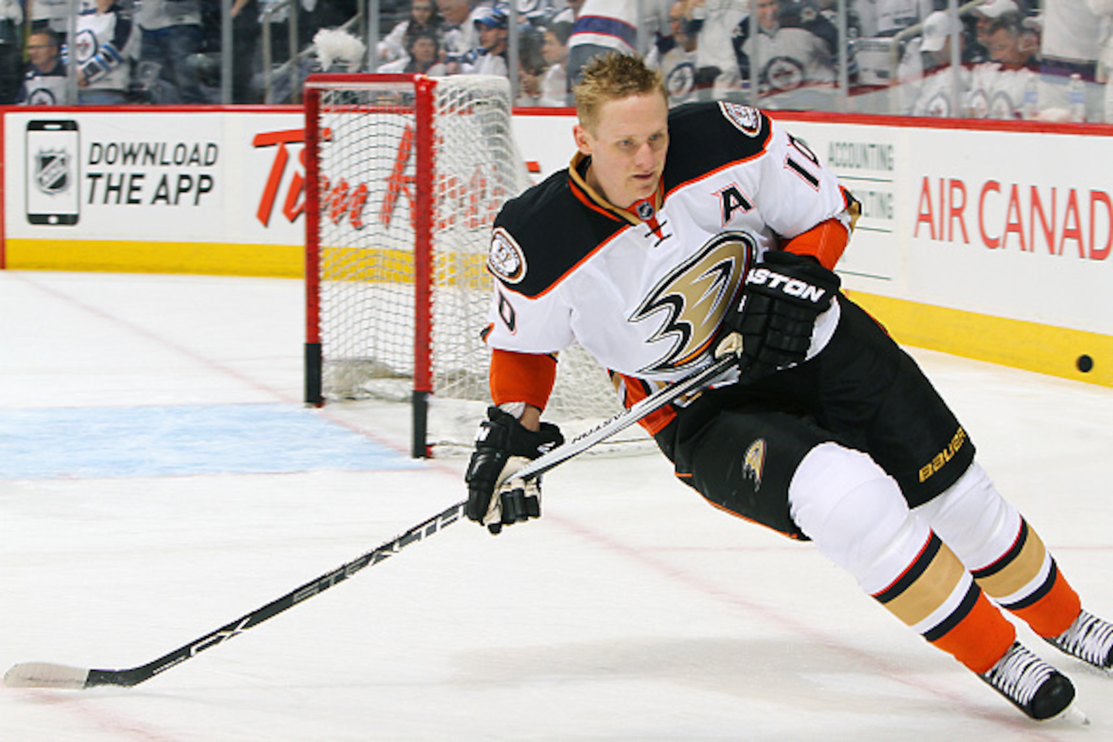 WINNIPEG, CANADA - APRIL 20: Corey Perry #10 of the Anaheim Ducks takes part in the pre-game warm up prior to Game Three of the Western Conference Quarterfinals against the Winnipeg Jets during the 2015 NHL Stanley Cup Playoffs on April 20, 2015 at the MT