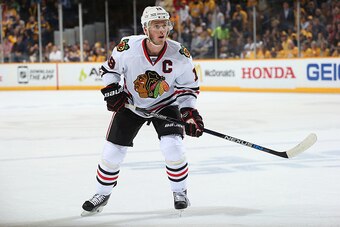 NASHVILLE, TN - APRIL 23: Jonathan Toews #19 of the Chicago Blackhawks skates against the Nashville Predators in Game Five of the Western Conference Quarterfinals during the 2015 NHL Stanley Cup Playoffs at Bridgestone Arena on April 23, 2015 in Nashville