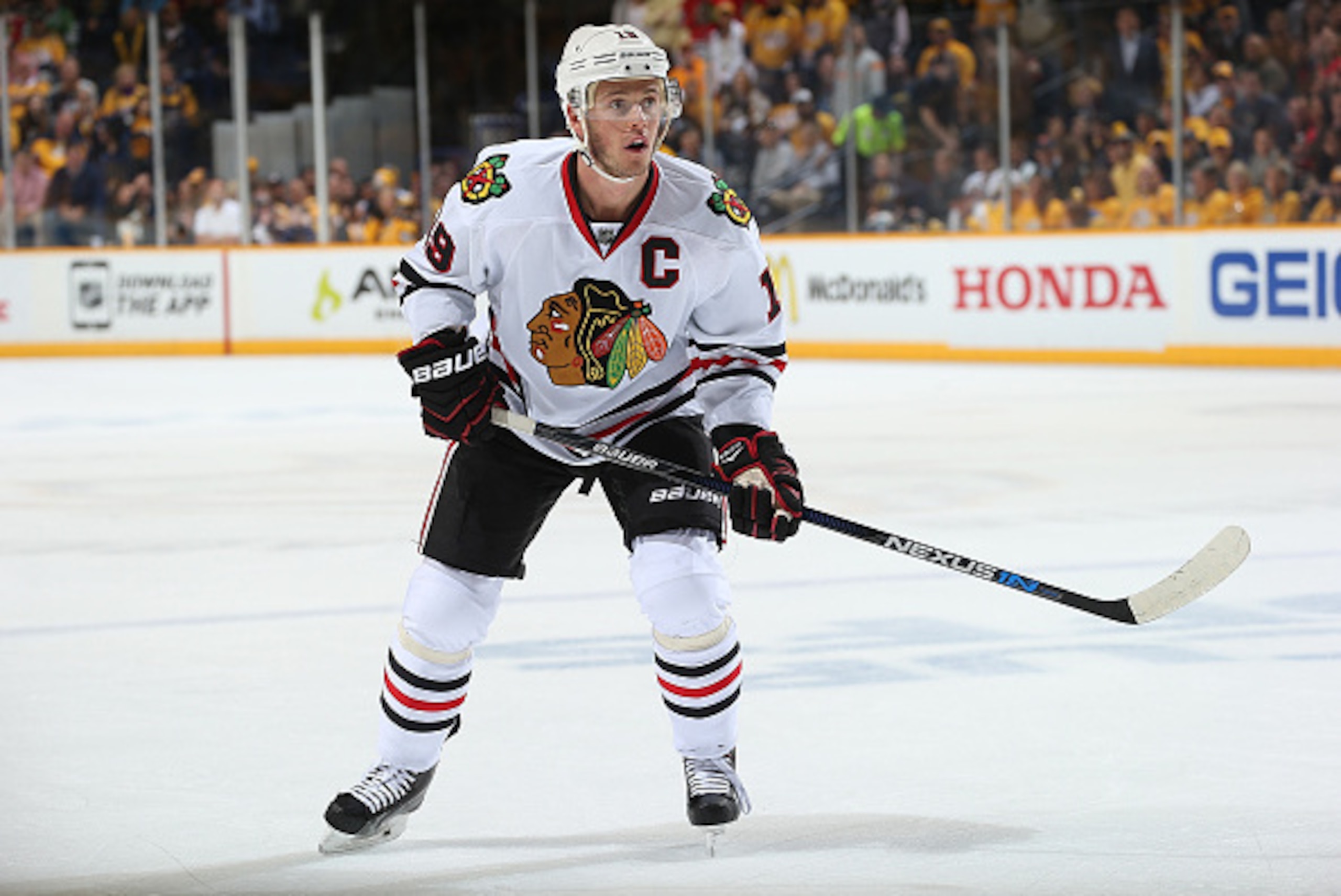 NASHVILLE, TN - APRIL 23: Jonathan Toews #19 of the Chicago Blackhawks skates against the Nashville Predators in Game Five of the Western Conference Quarterfinals during the 2015 NHL Stanley Cup Playoffs at Bridgestone Arena on April 23, 2015 in Nashville NASHVILLE, TN - APRIL 23: Jonathan Toews #19 of the Chicago Blackhawks skates against the Nashville Predators in Game Five of the Western Conference Quarterfinals during the 2015 NHL Stanley Cup Playoffs at Bridgestone Arena on April 23, 2015 in Nashville