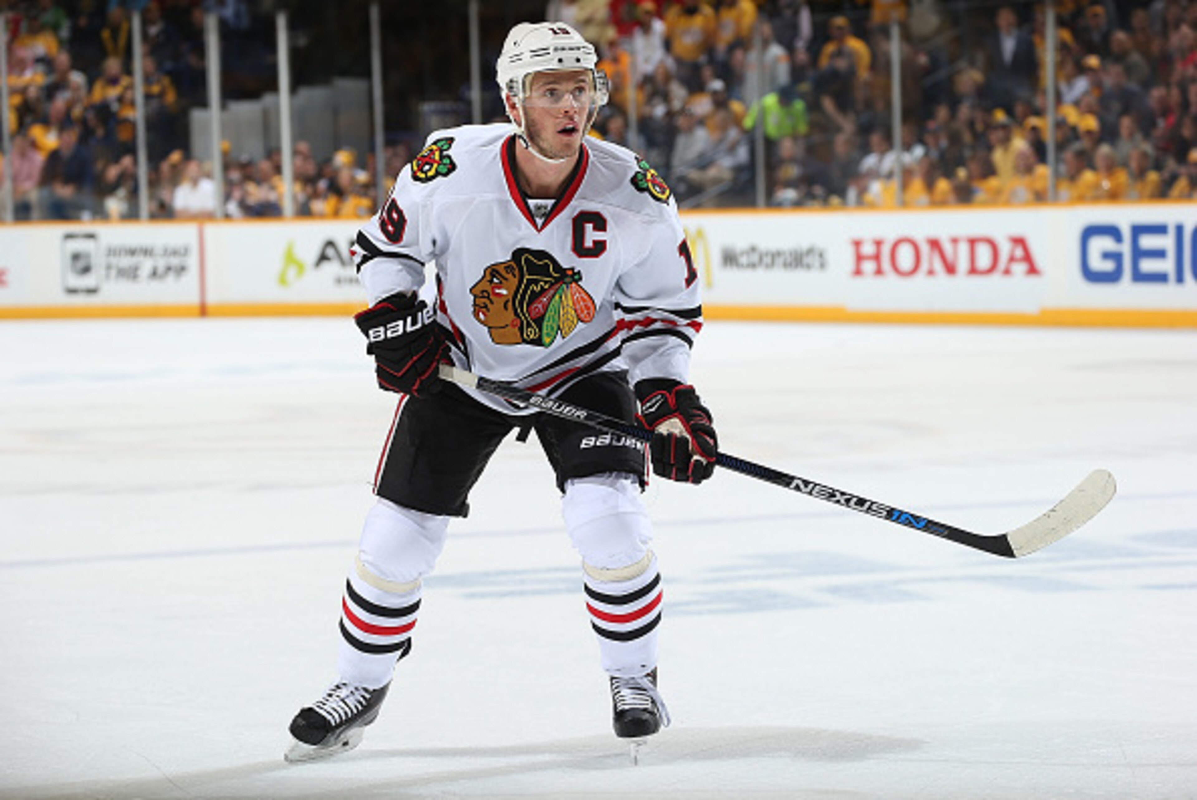 NASHVILLE, TN - APRIL 23: Jonathan Toews #19 of the Chicago Blackhawks skates against the Nashville Predators in Game Five of the Western Conference Quarterfinals during the 2015 NHL Stanley Cup Playoffs at Bridgestone Arena on April 23, 2015 in Nashville