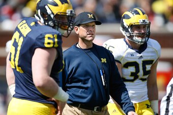ANN ARBOR, MI - APRIL 04: Head coach Jim Harbaugh of the Michigan Wolverines looks on during the Michigan Football Spring Game on April 4, 2015 at Michigan Stadium in Ann Arbor, Michigan.  (Photo by Gregory Shamus/Getty Images)