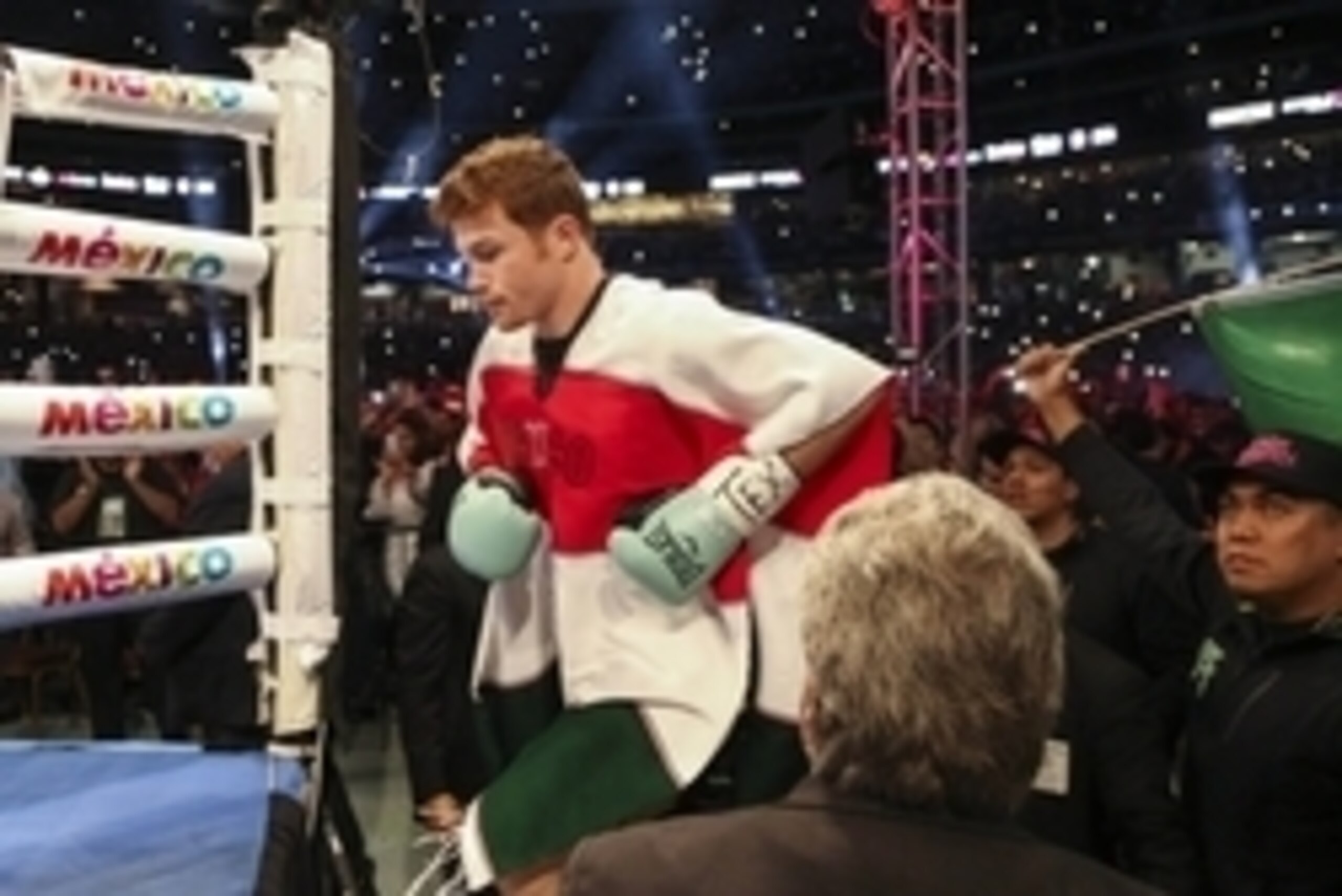 May 9, 2015; Houston, TX, USA;  Canelo Alvarez gets into the ring for a  super welterweight fight against James Kirkland (not pictured) at Minute Maid Park. Alvarez defeated Kirkland with a knockout in the third round. Mandatory Credit: Troy Taormina-USA