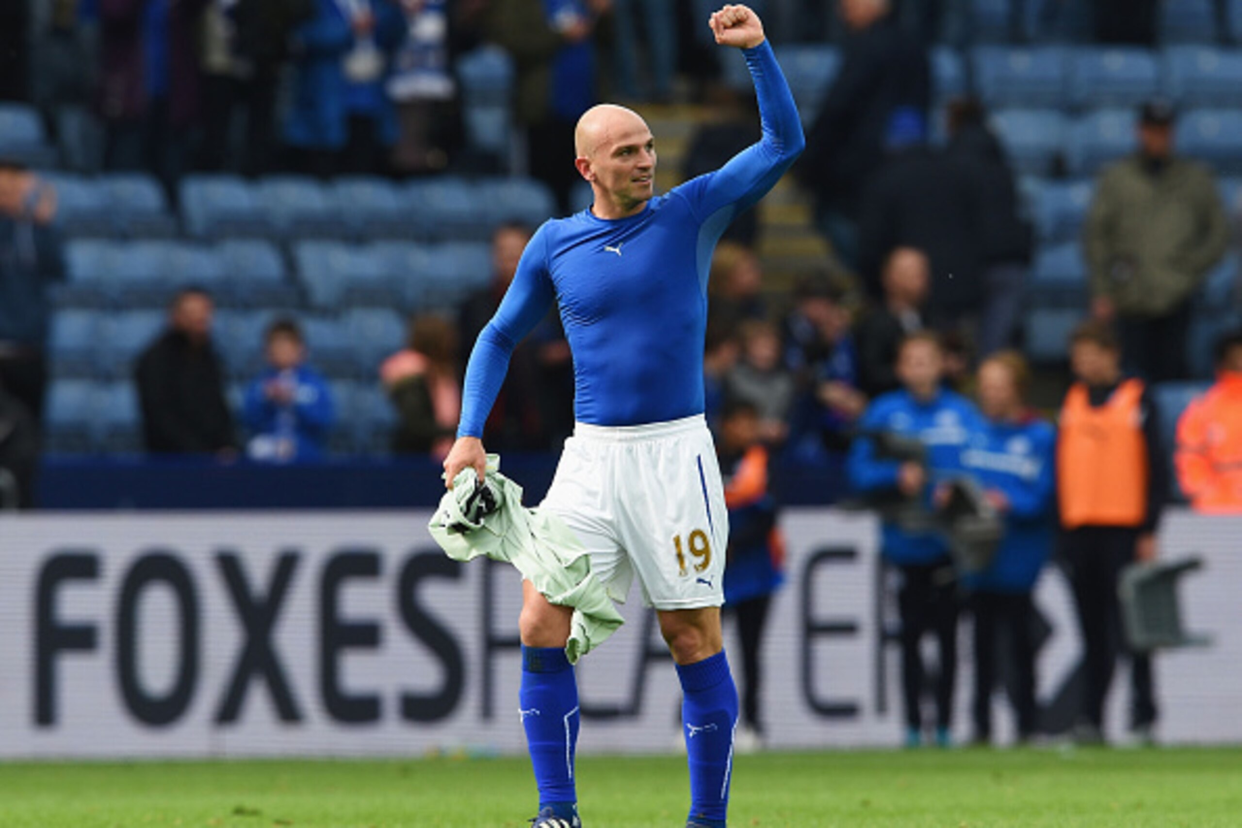 LEICESTER, ENGLAND - MAY 09:  Esteban Cambiasso of Leicester City celebrates victory after the Barclays Premier League match between Leicester City and Southampton at The King Power Stadium on May 9, 2015 in Leicester, England.  (Photo by Ross Kinnaird/Ge