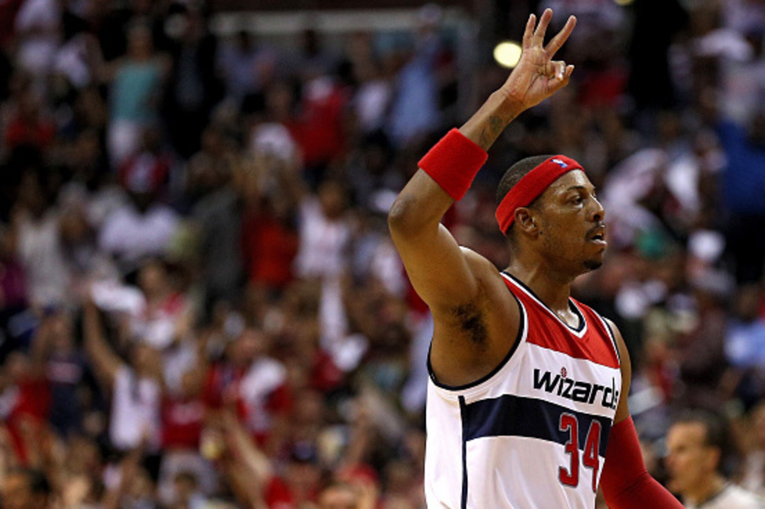 WASHINGTON, DC - MAY 11: Paul Pierce #34 of the Washington Wizards reacts after shooting a three-pointer against the Atlanta Hawks during the second half in Game Four of the Eastern Conference Semifinals of the 2015 NBA Playoffs at Verizon Center on May 1