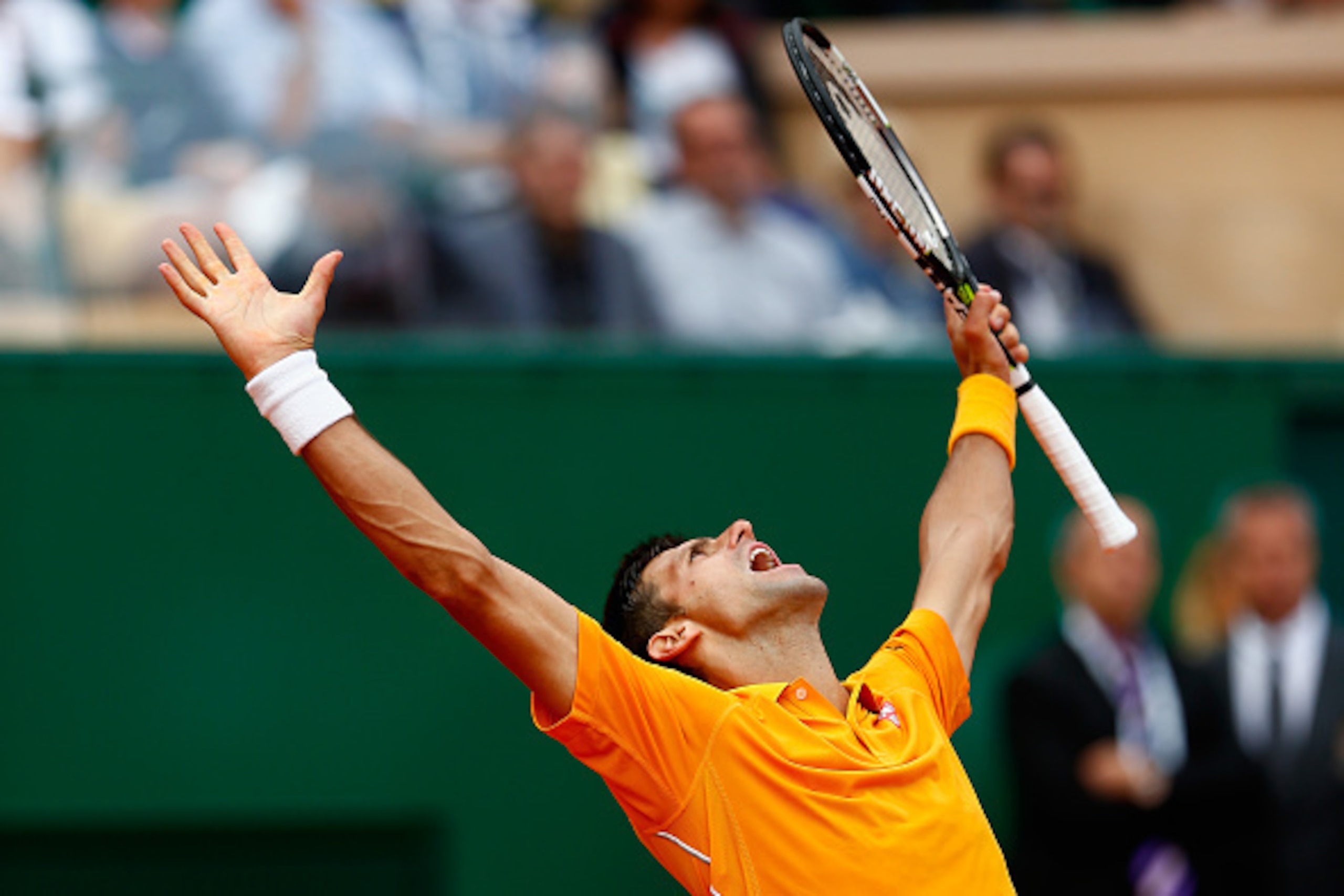MONTE-CARLO, MONACO - APRIL 18:  Novak Djokovic of Serbia celebrates defeating Rafaerl Nadal of Spain in the semi finals during day seven of the Monte Carlo Rolex Masters tennis at the Monte-Carlo Sporting Club on April 18, 2015 in Monte-Carlo, Monaco.  (