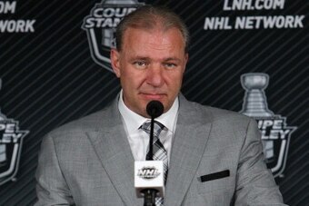 MONTREAL, QC - MAY 27:  Head Coach Michel Therrien #hc of the Montreal Canadiens speaks to the media after defeating the New York Rangers during Game Five of the Eastern Conference Final in the 2014 NHL Stanley Cup Playoffs at Bell Centre on May 27, 2014 
