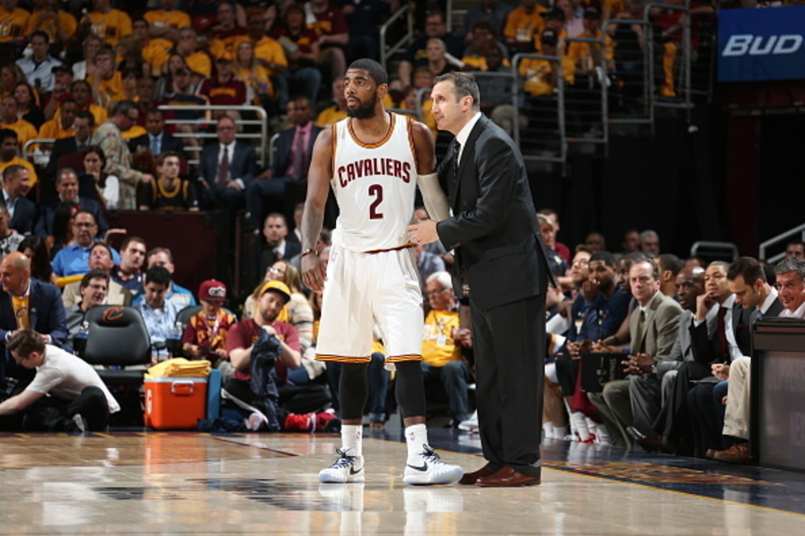 CLEVELAND, OH - MAY 4: Kyrie Irving #2 and head coach David Blatt of the Cleveland Cavaliers talk in Game One of the Eastern Conference Semifinals against the Chicago Bulls during the 2015 NBA Playoffs on May 4, 2015 at Quicken Loans Arena in Cleveland, CLEVELAND, OH - MAY 4: Kyrie Irving #2 and head coach David Blatt of the Cleveland Cavaliers talk in Game One of the Eastern Conference Semifinals against the Chicago Bulls during the 2015 NBA Playoffs on May 4, 2015 at Quicken Loans Arena in Cleveland,