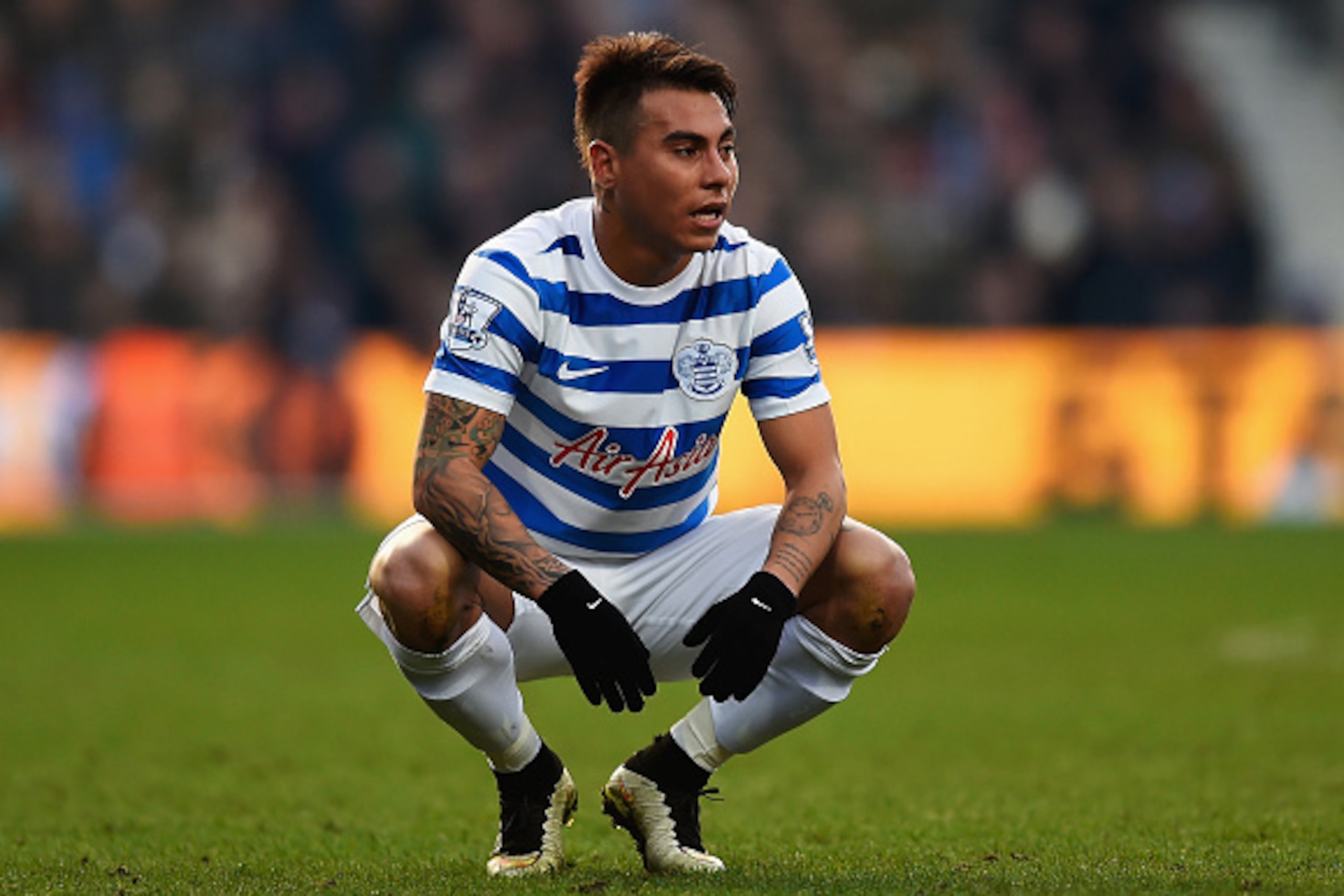 LONDON, ENGLAND - MARCH 22:  Eduardo Vargas of QPR looks dejected during the Barclays Premier League match between Queens Park Rangers and Everton at Loftus Road on March 22, 2015 in London, England.  (Photo by Mike Hewitt/Getty Images)