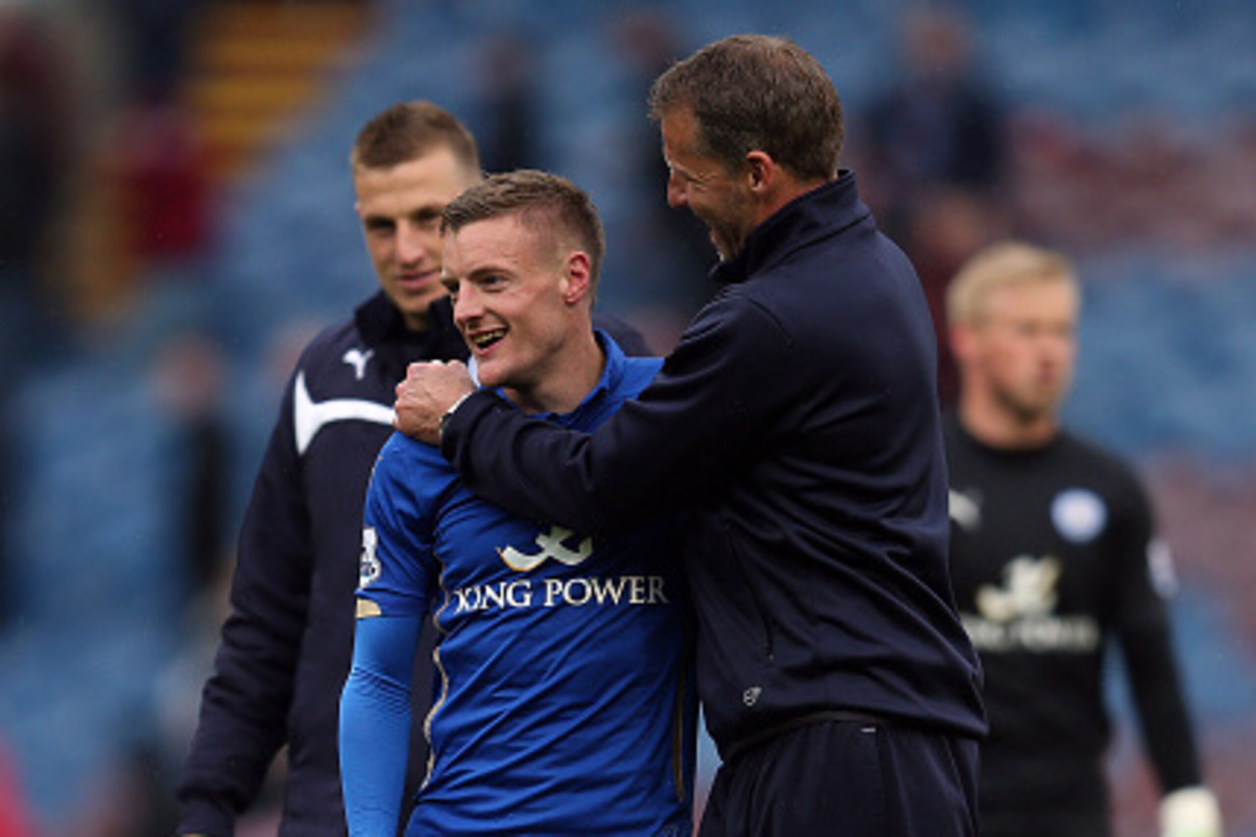 BURNLEY, ENGLAND - APRIL 25: Jamie Vardy of Leicester City is congratulated at full-time by a member of the coaching staff following the Barclays Premier League match between Burnley and Leicester City at Turf Moor on April 25, 2015 in Burnley, England. ( BURNLEY, ENGLAND - APRIL 25: Jamie Vardy of Leicester City is congratulated at full-time by a member of the coaching staff following the Barclays Premier League match between Burnley and Leicester City at Turf Moor on April 25, 2015 in Burnley, England. (
