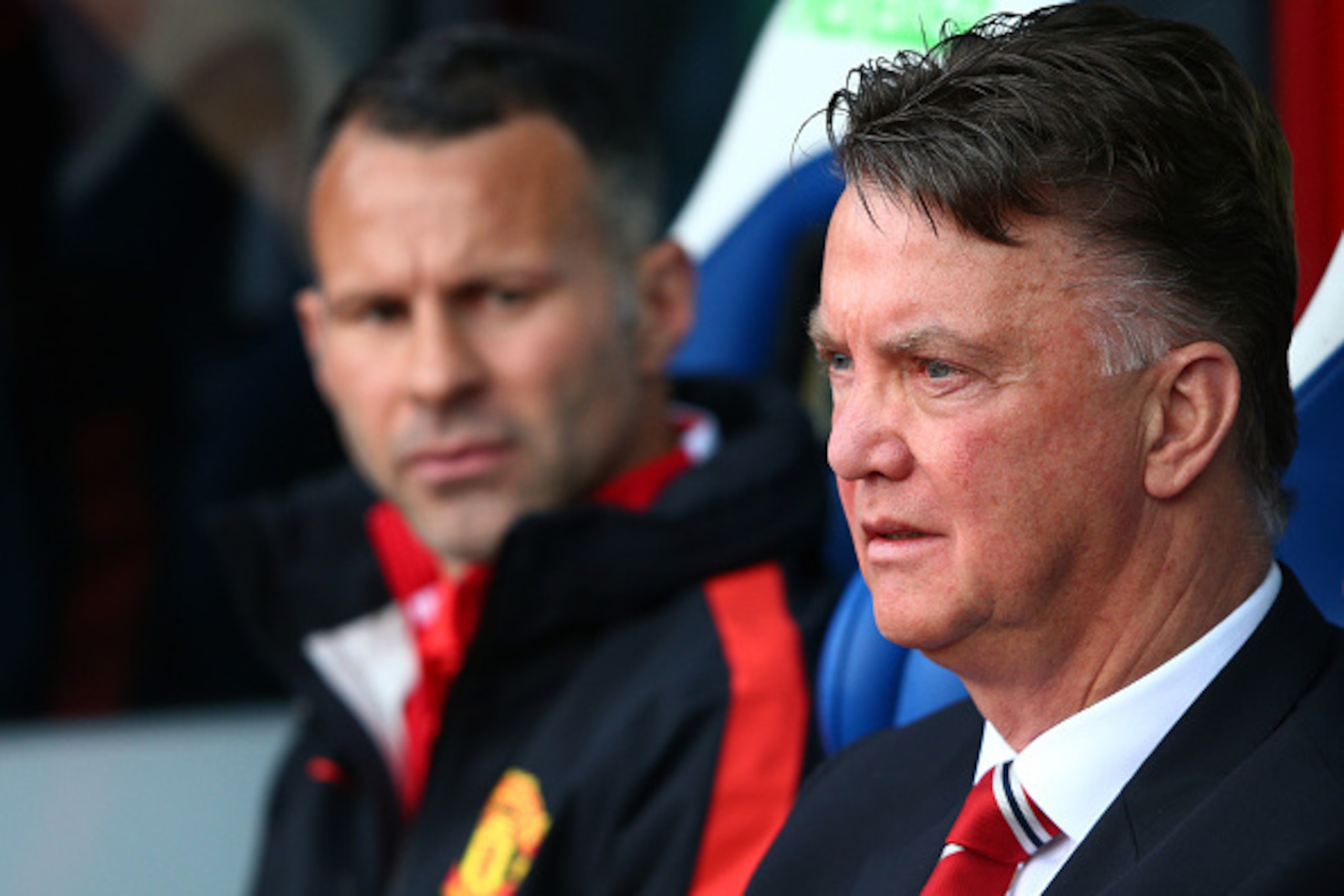 LONDON, ENGLAND - MAY 09: Louis van Gaal, manager of Manchester United looks on with assistant Ryan Giggs during the Barclays Premier League match between Crystal Palace and Manchester United at Selhurst Park on May 9, 2015 in London, England.  (Photo by 