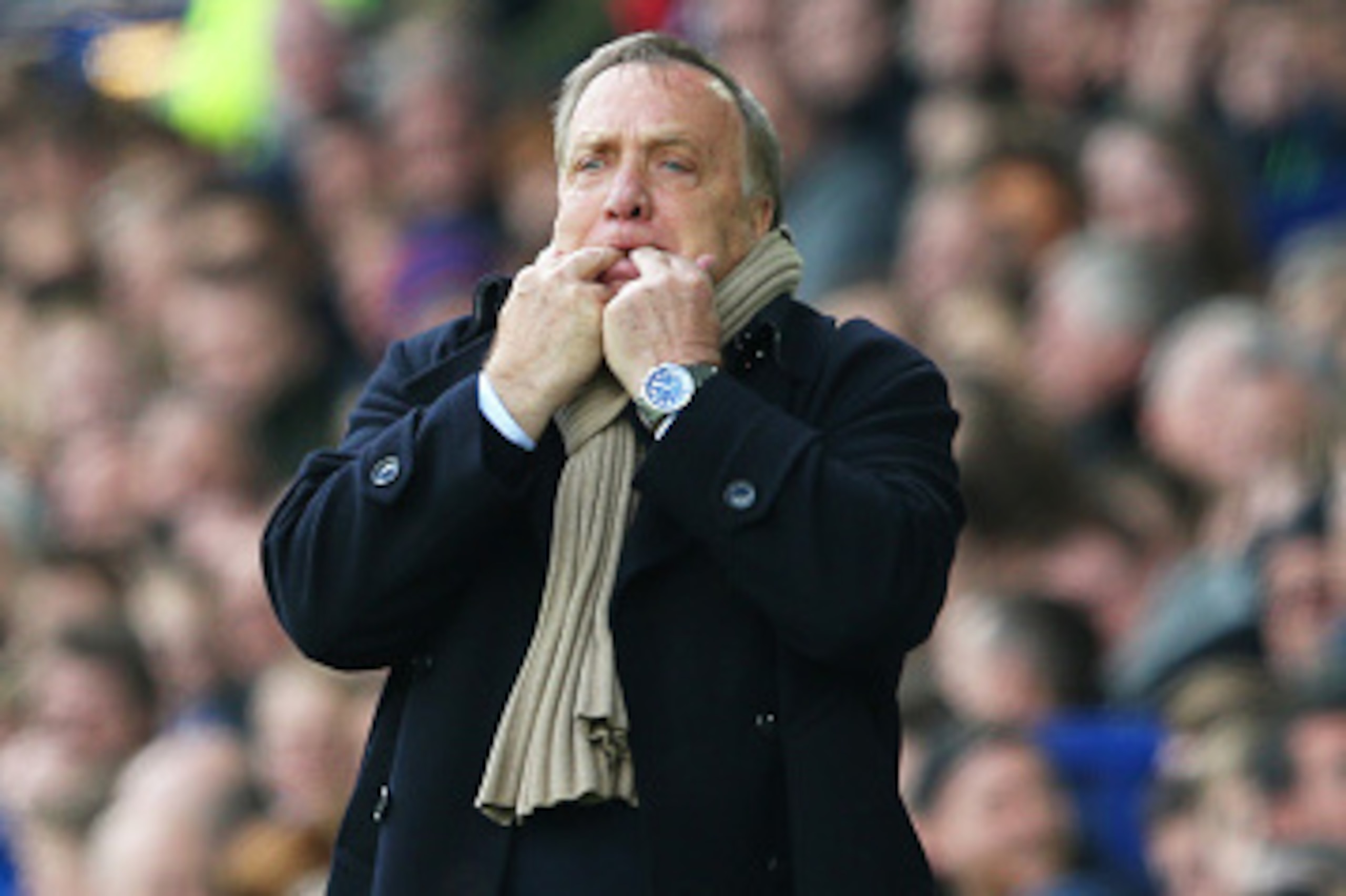 LIVERPOOL, ENGLAND - MAY 09: Dick Advocaat, manager of Sunderland whistles during the Barclays Premier League match between Everton and Sunderland at Goodison Park on May 9, 2015 in Liverpool, England.  (Photo by Alex Livesey/Getty Images)