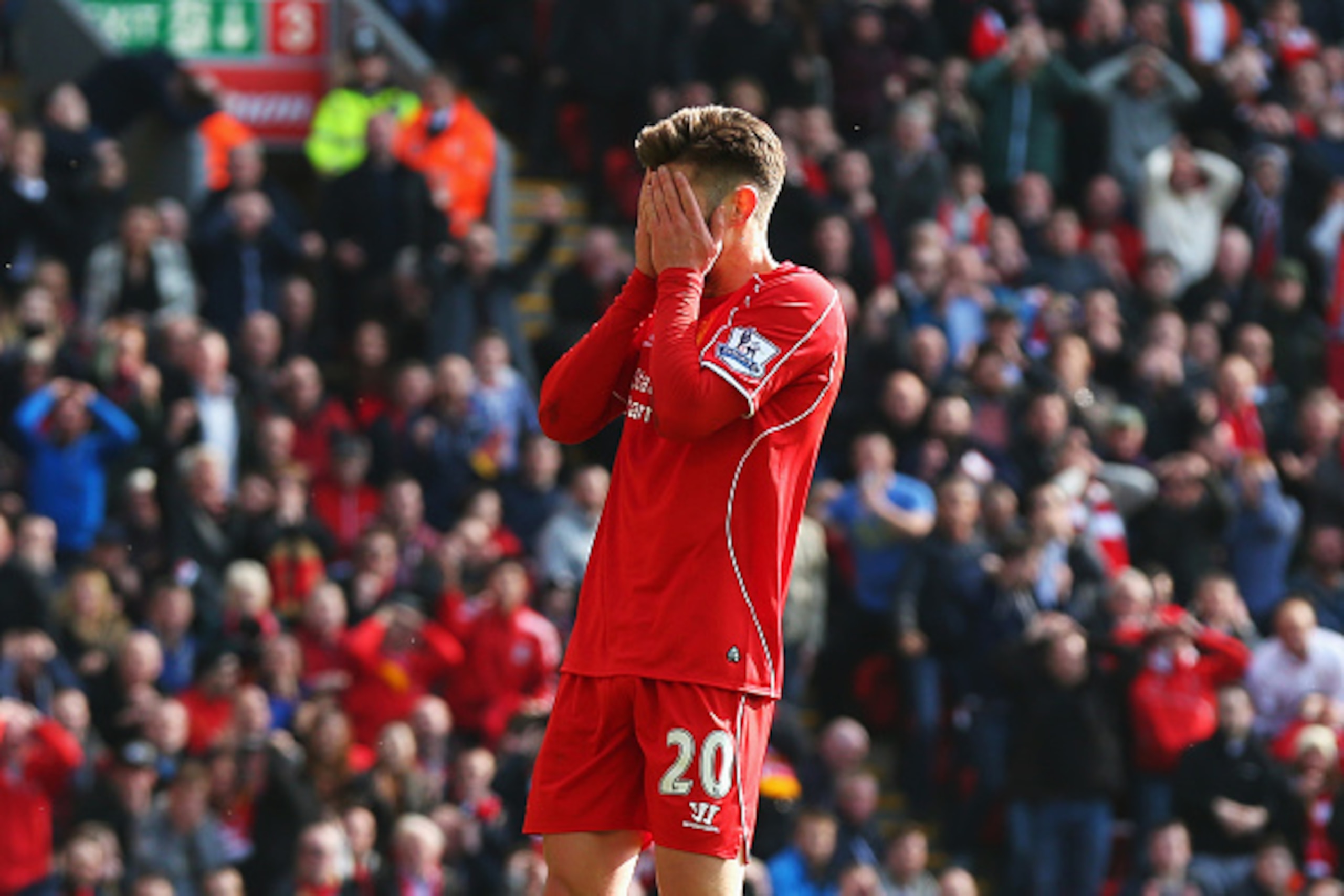 LIVERPOOL, ENGLAND - MARCH 22: Adam Lallana of Liverpool looks dejected after failing to score during the Barclays Premier League match between Liverpool and Manchester United at Anfield on March 22, 2015 in Liverpool, England. (Photo by Alex Livesey/Ge LIVERPOOL, ENGLAND - MARCH 22: Adam Lallana of Liverpool looks dejected after failing to score during the Barclays Premier League match between Liverpool and Manchester United at Anfield on March 22, 2015 in Liverpool, England. (Photo by Alex Livesey/Ge