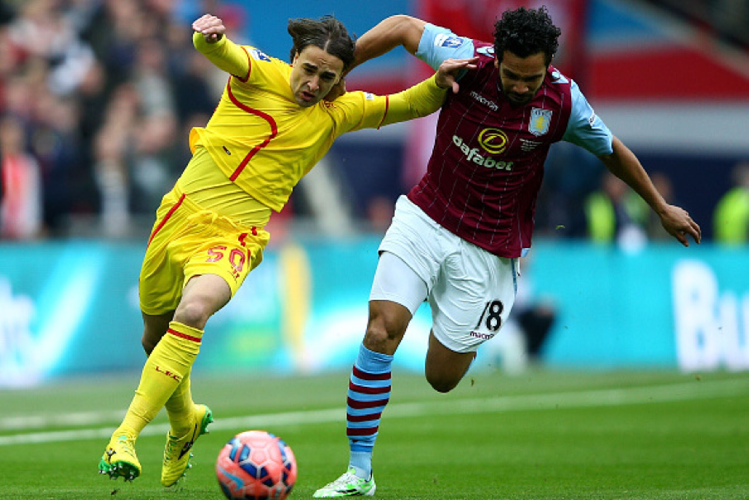 LONDON, ENGLAND - APRIL 19:  Lazar Markovic of Liverpool and Kieran Richardson of Aston Villa battle for the ball during the FA Cup Semi Final between Aston Villa and Liverpool at Wembley Stadium on April 19, 2015 in London, England.  (Photo by Ian Walton