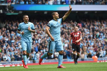 MANCHESTER, ENGLAND - MAY 10:  Sergio Aguero of Manchester City celebrates after scoring his team's third goal during the Barclays Premier League match between Manchester City and Queens Park Rangers at the Etihad Stadium on May 10, 2015 in Manchester, En