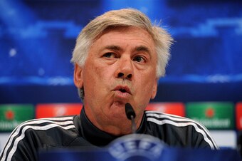 MADRID, SPAIN - MAY 12:  Head coach Carlo Ancelotti of Real Madrid during a press conference after the team training session ahead of the UEFA Champions League Semi Final, Second Leg against Juventus at Valdebebas training ground on May 12, 2015 in Madrid