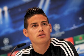 MADRID, SPAIN - MAY 12:  James Rodriguez of Real Madrid during a press conference after the team training session ahead of the UEFA Champions League Semi Final, Second Leg against Juventus at Valdebebas training ground on May 12, 2015 in Madrid, Spain.  (