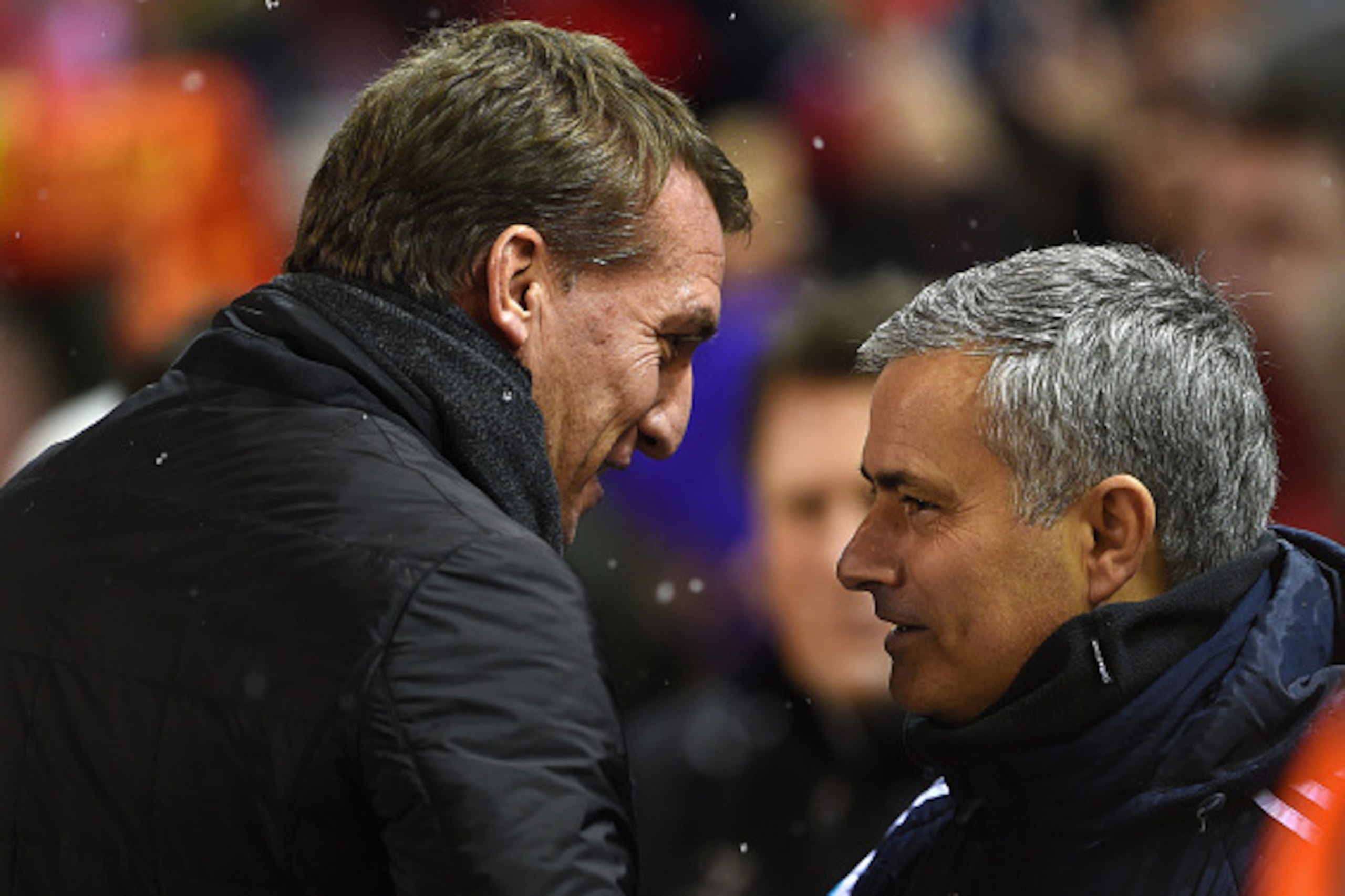 LIVERPOOL, ENGLAND - JANUARY 20: Brendan Rodgers, manager of Liverpool greets Jose Mourinho manager of Chelsea during the Capital One Cup Semi-Final first leg match between Liverpool and Chelsea at Anfield on January 20, 2015 in Liverpool, England. (Phot LIVERPOOL, ENGLAND - JANUARY 20: Brendan Rodgers, manager of Liverpool greets Jose Mourinho manager of Chelsea during the Capital One Cup Semi-Final first leg match between Liverpool and Chelsea at Anfield on January 20, 2015 in Liverpool, England. (Phot