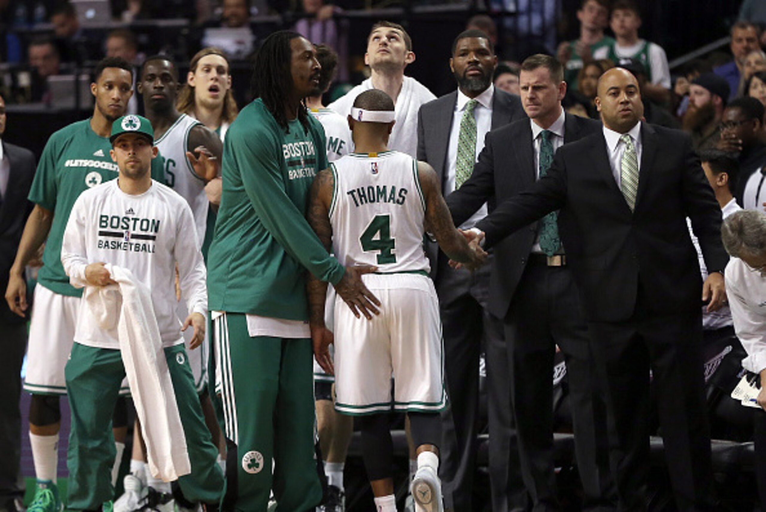 BOSTON, MA - APRIL 26: Isaiah Thomas #4 of the Boston Celtics leaves the court in the final minutes in a losing effort against Cleveland Cavaliers in Game Four during the first round of the 2015 NBA Playoffs on April 26, 2015 at TD Garden in Boston, Massa