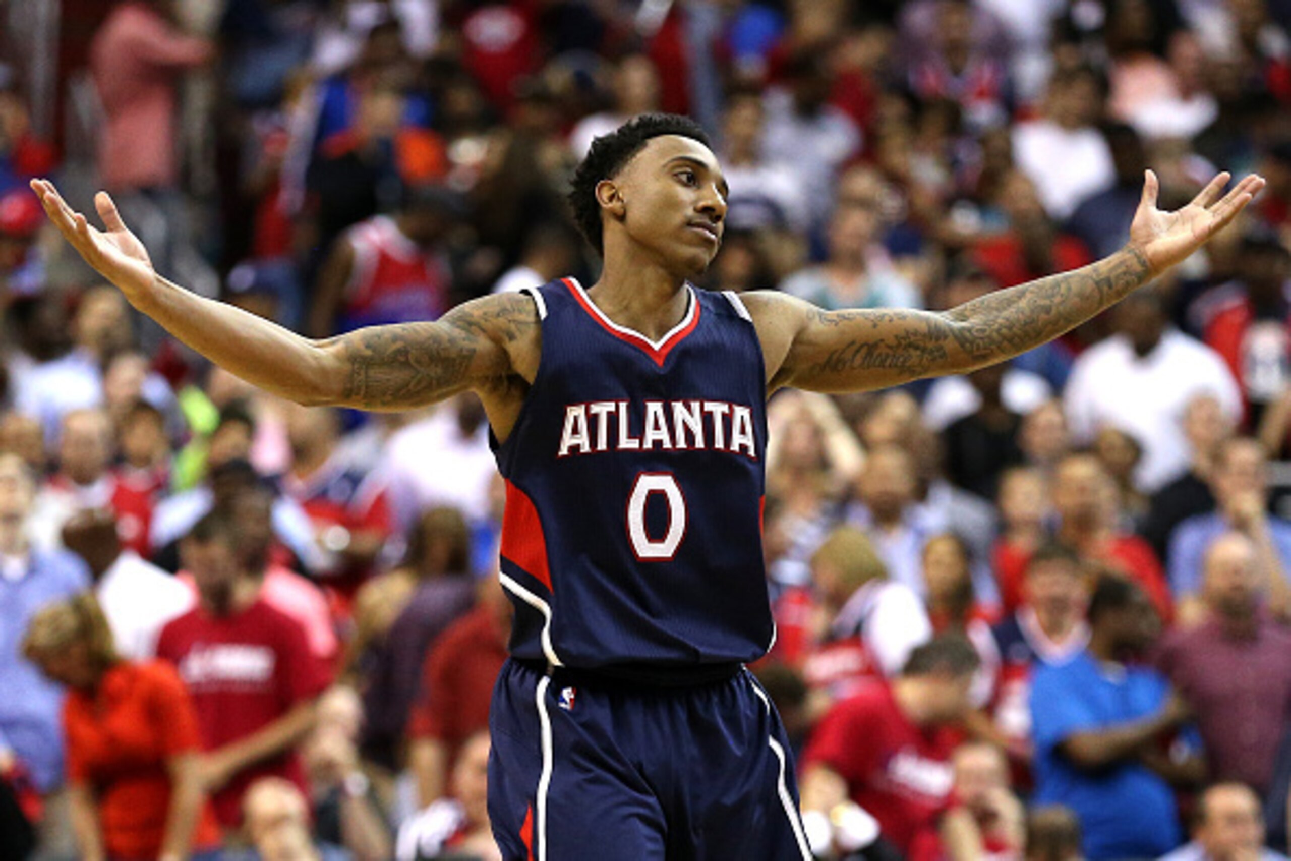 WASHINGTON, DC - MAY 11: Jeff Teague #0 of the Atlanta Hawks celebrates after hitting a shot against the Washington Wizards during the second half in Game Four of the Eastern Conference Semifinals of the 2015 NBA Playoffs at Verizon Center on May 11, 2015