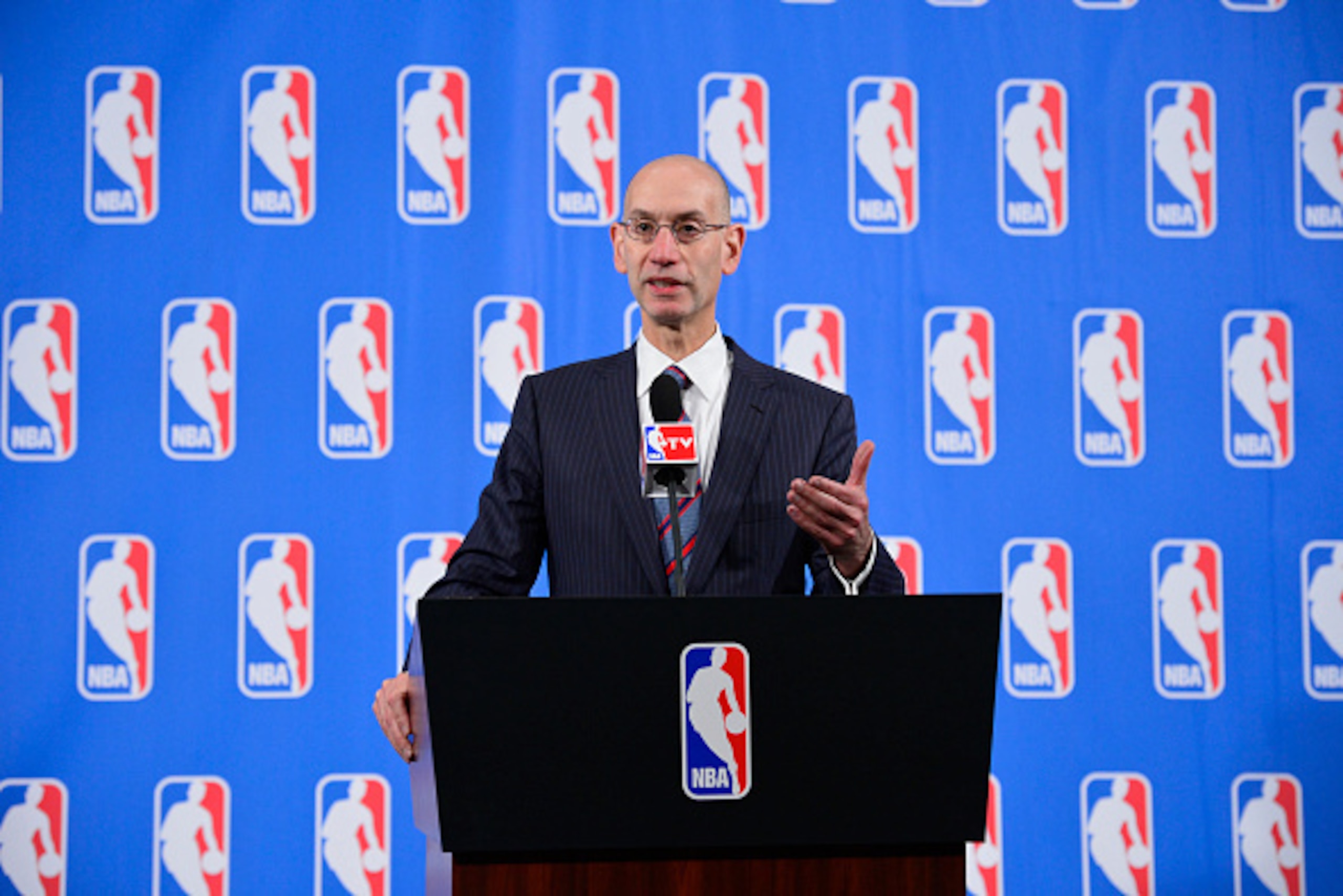 NEW YORK - APRIL 17: NBA Commissioner Adam Silver speaks to the media after the Board of Governors meetings on April 17, 2015 at the St. Regis Hotel in New York City. NOTE TO USER: User expressly acknowledges and agrees that, by downloading and/or using t