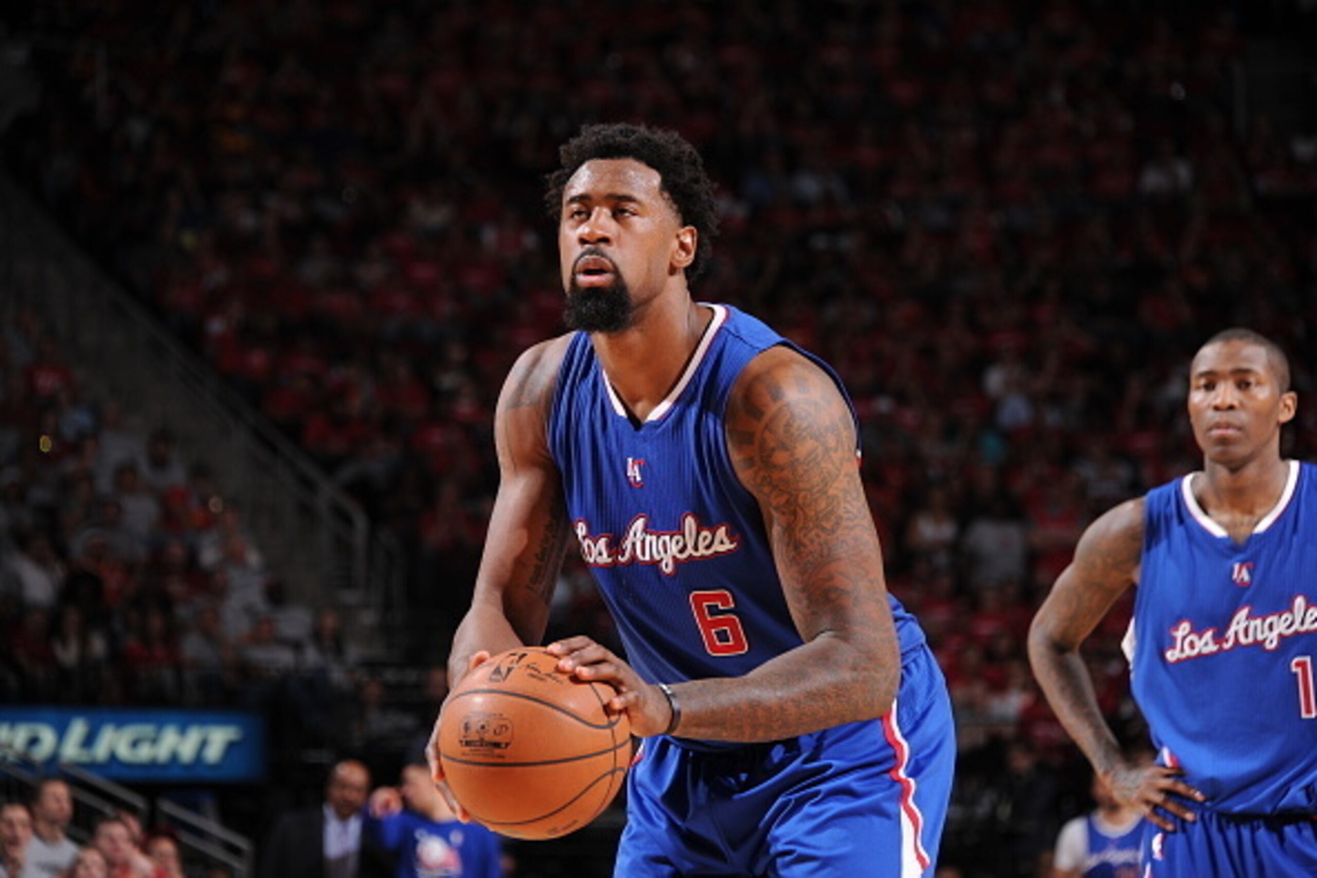 HOUSTON, TX - MAY 4:  DeAndre Jordan #6 of the Los Angeles Clippers prepares to shoot a free throw against the Houston Rockets in Game One of the Western Conference Semifinals during the 2015 NBA Playoffs on May 4, 2015 at the Toyota Center in Houston, Te