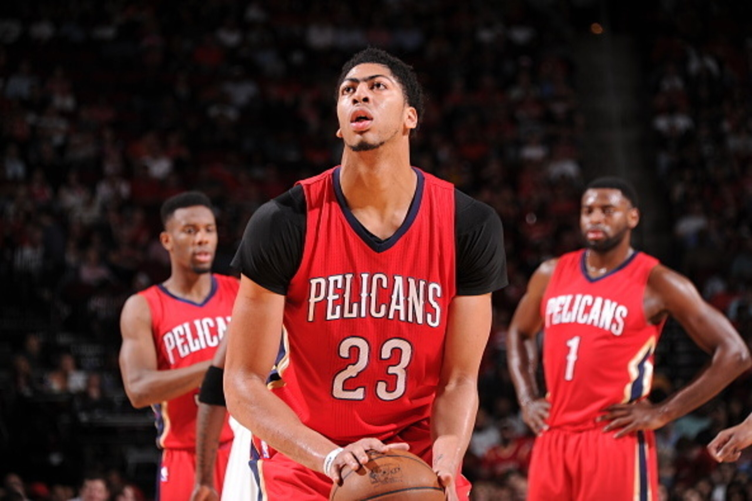 HOUSTON, TX - APRIL 12:  Anthony Davis #23 of the New Orleans Pelicans prepares to shoot a free throw against the Houston Rockets on April 12, 2015 at the Toyota Center in Houston, Texas. NOTE TO USER: User expressly acknowledges and agrees that, by downl