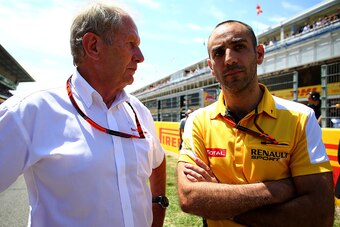 MONTMELO, SPAIN - MAY 10:  Infiniti Red Bull Racing team consultant Dr Helmut Marko speaks with Renault's Cyril Abiteboul during the Spanish Formula One Grand Prix at Circuit de Catalunya on May 10, 2015 in Montmelo, Spain.  (Photo by Mark Thompson/Getty 