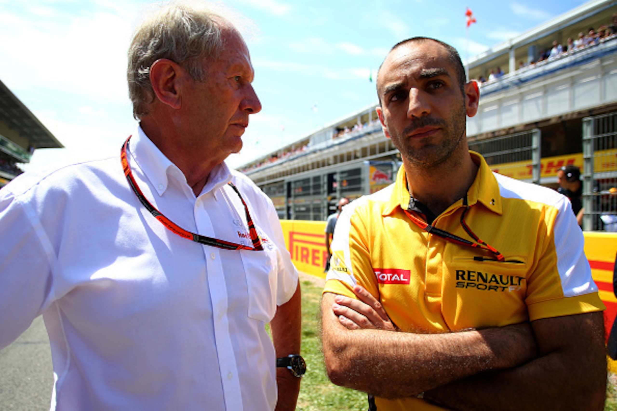 MONTMELO, SPAIN - MAY 10:  Infiniti Red Bull Racing team consultant Dr Helmut Marko speaks with Renault's Cyril Abiteboul during the Spanish Formula One Grand Prix at Circuit de Catalunya on May 10, 2015 in Montmelo, Spain.  (Photo by Mark Thompson/Getty 