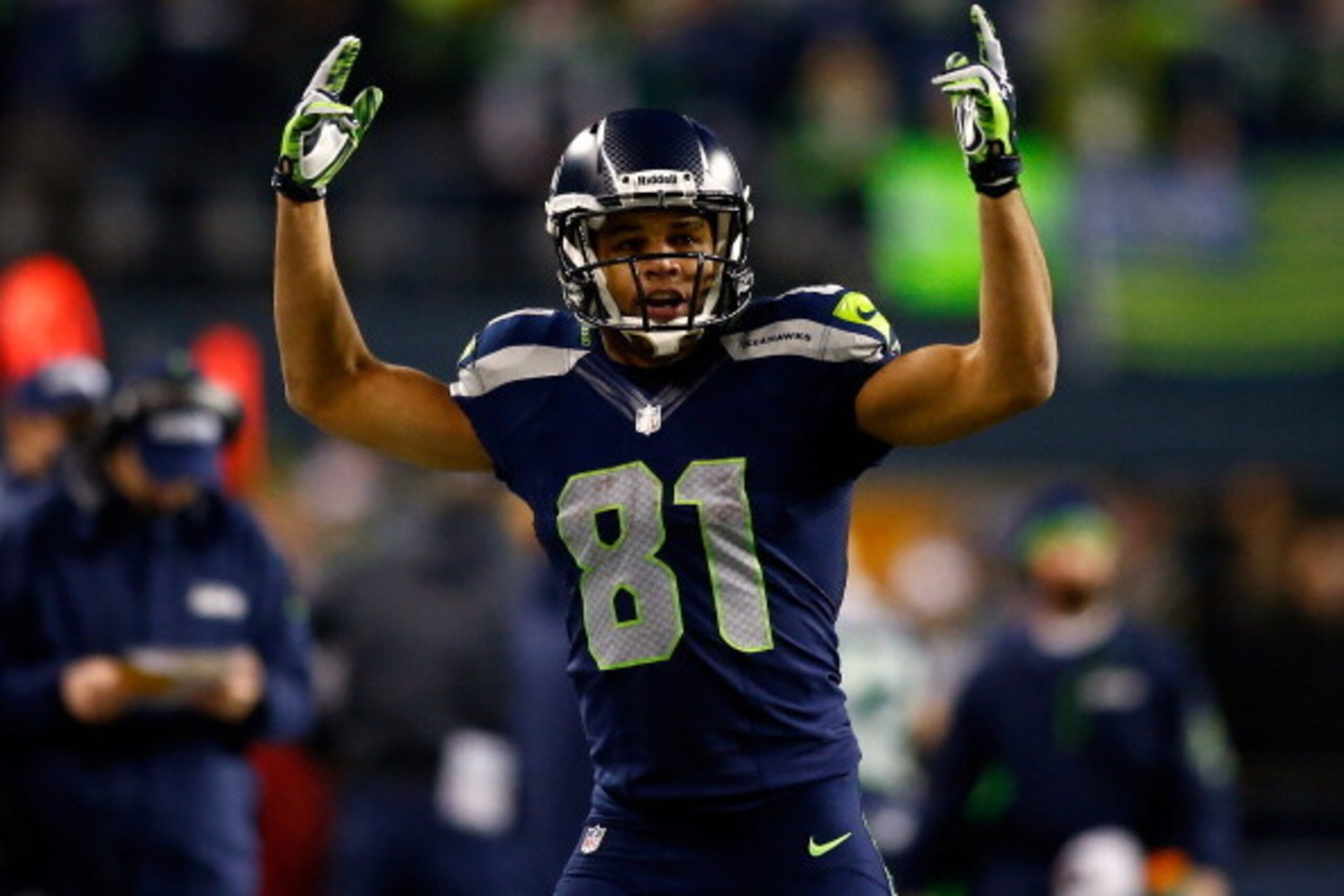 SEATTLE, WA - JANUARY 19:  Wide receiver Golden Tate #81 of the Seattle Seahawks celebrates in the fourth quarter while taking on the San Francisco 49ers during the 2014 NFC Championship at CenturyLink Field on January 19, 2014 in Seattle, Washington.  (P