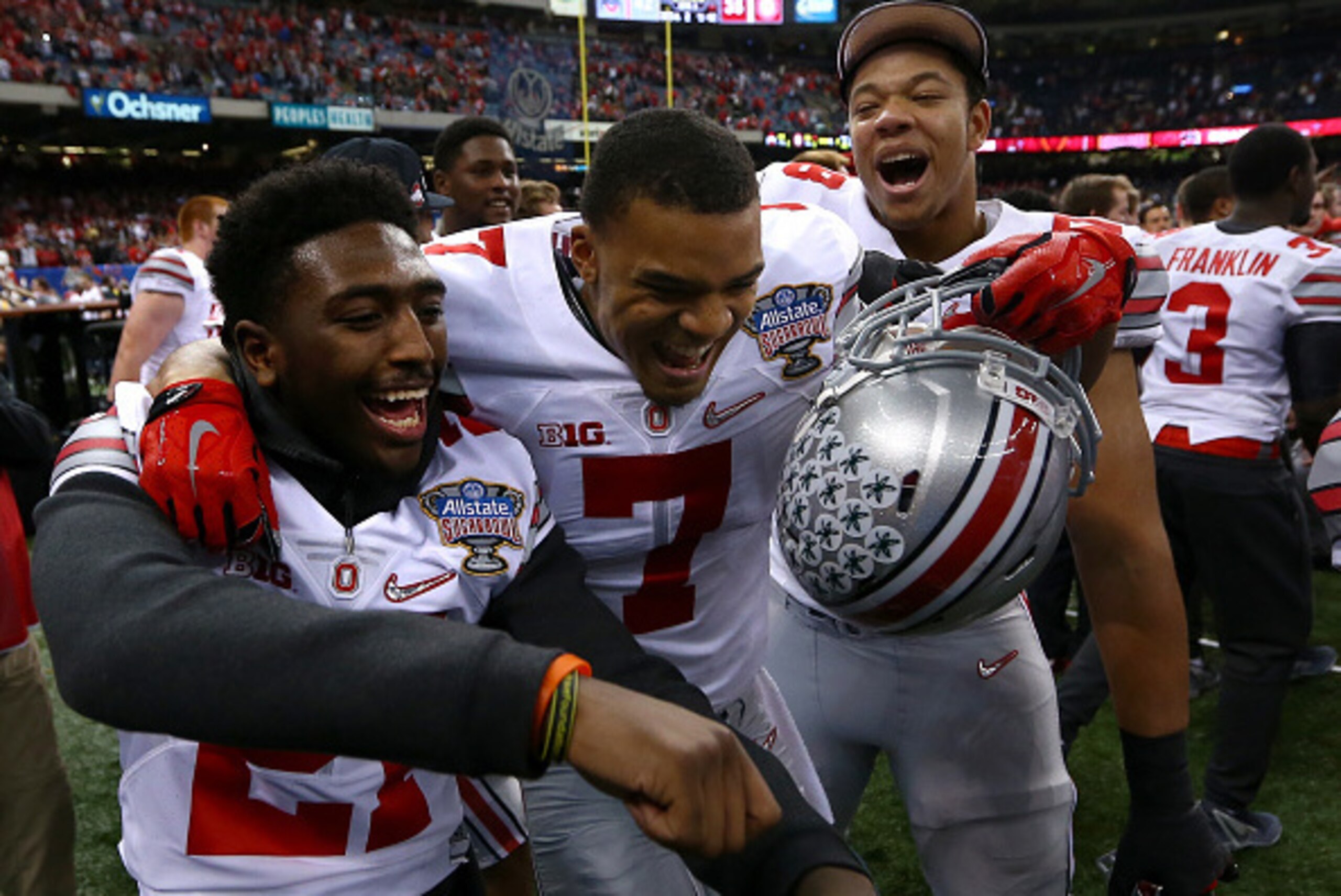 NEW ORLEANS, LA - JANUARY 01:  Damon Webb #7 of the Ohio State Buckeyes celebrates after defeating the Alabama Crimson Tide during the All State Sugar Bowl at the Mercedes-Benz Superdome on January 1, 2015 in New Orleans, Louisiana.  The Ohio State Buckey