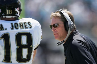 JACKSONVILLE, FL - SEPTEMBER 11:  Wide receiver Matt Jones #18 of the Jacksonville Jaguars is congratulated by head coach Jack Del Rio after a play against the Seattle Seahawks at ALLTEL Stadium on September 11, 2005 in Jacksonville, Florida. The Jaguars 