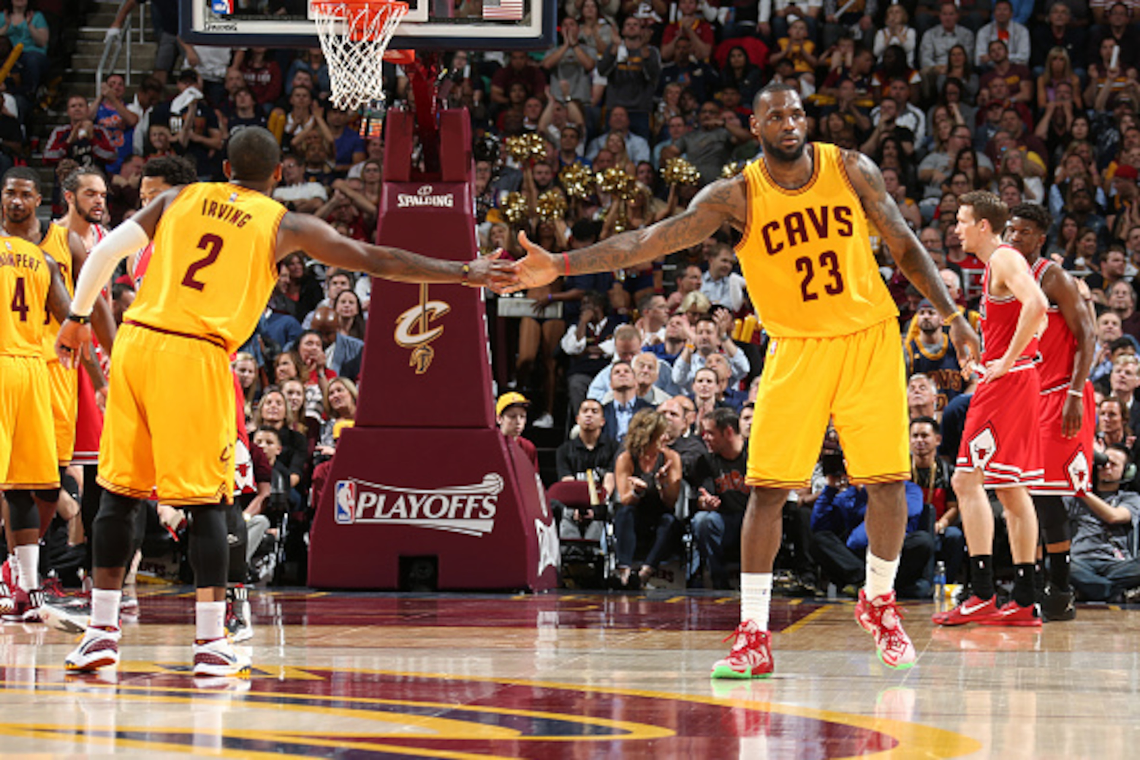 CLEVELAND, OH - MAY 12: Kyrie Irving #2 and LeBron James #23 of the Cleveland Cavaliers during the game against the Chicago Bulls in Game Five of the Eastern Conference Semifinals of the NBA Playoffs at The Quicken Loans Arena on May 12, 2015 in Cleveland