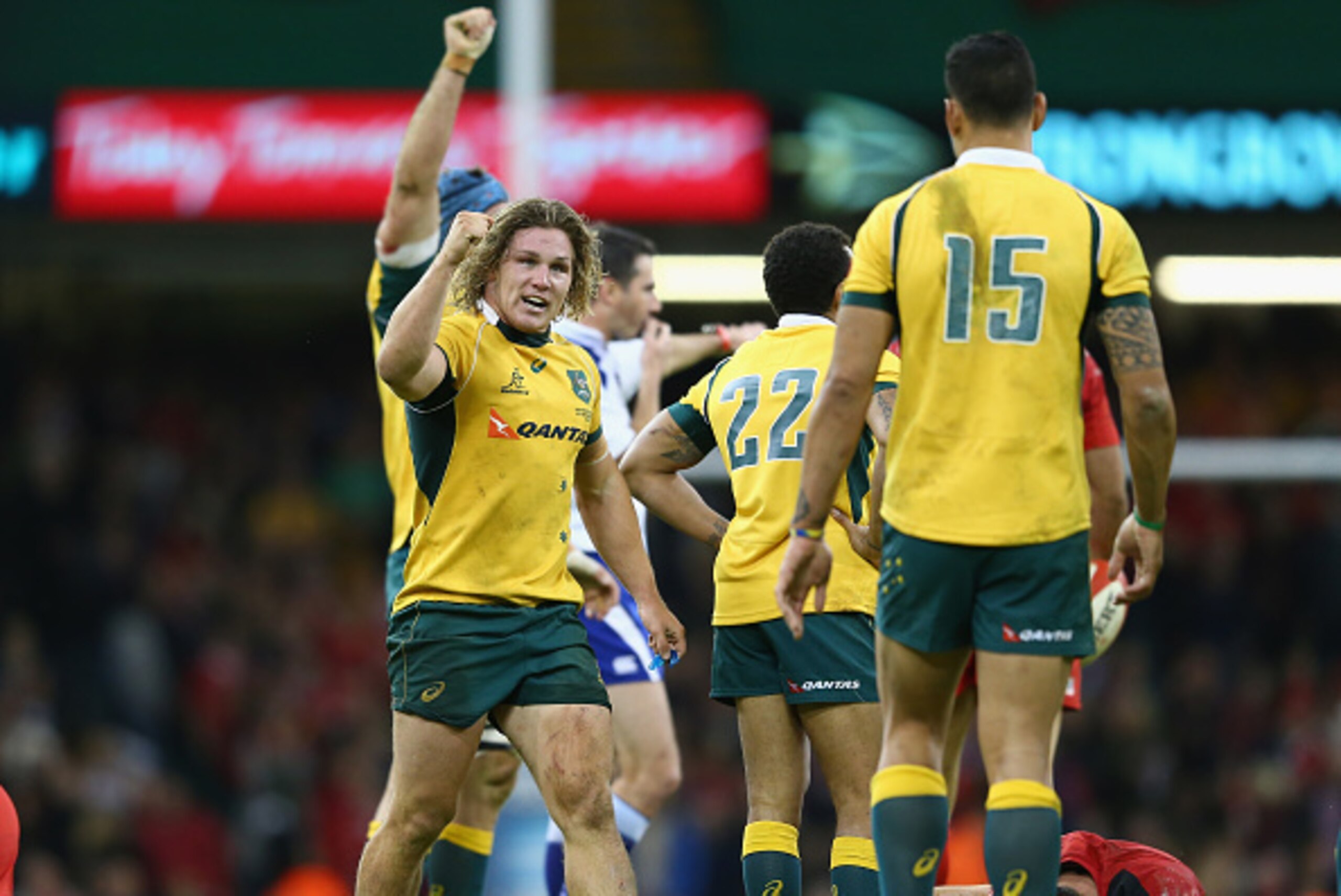 CARDIFF, WALES - NOVEMBER 08:  Michael Hooper (L) the captain of Australia celebrates his sides 33-28 victory on the final whistle during the International match between Wales and Australia at the Millennium Stadium on November 8, 2014 in Cardiff, Wales. 