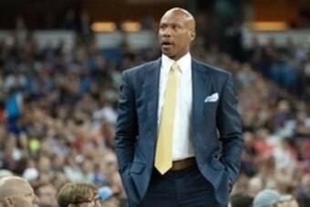 Apr 13, 2015; Sacramento, CA, USA; Los Angeles Lakers head coach Byron Scott looks on during the game against the Sacramento Kings at Sleep Train Arena. The Sacramento Kings defeated the Los Angeles Lakers 102-92. Mandatory Credit: Ed Szczepanski-USA TODA