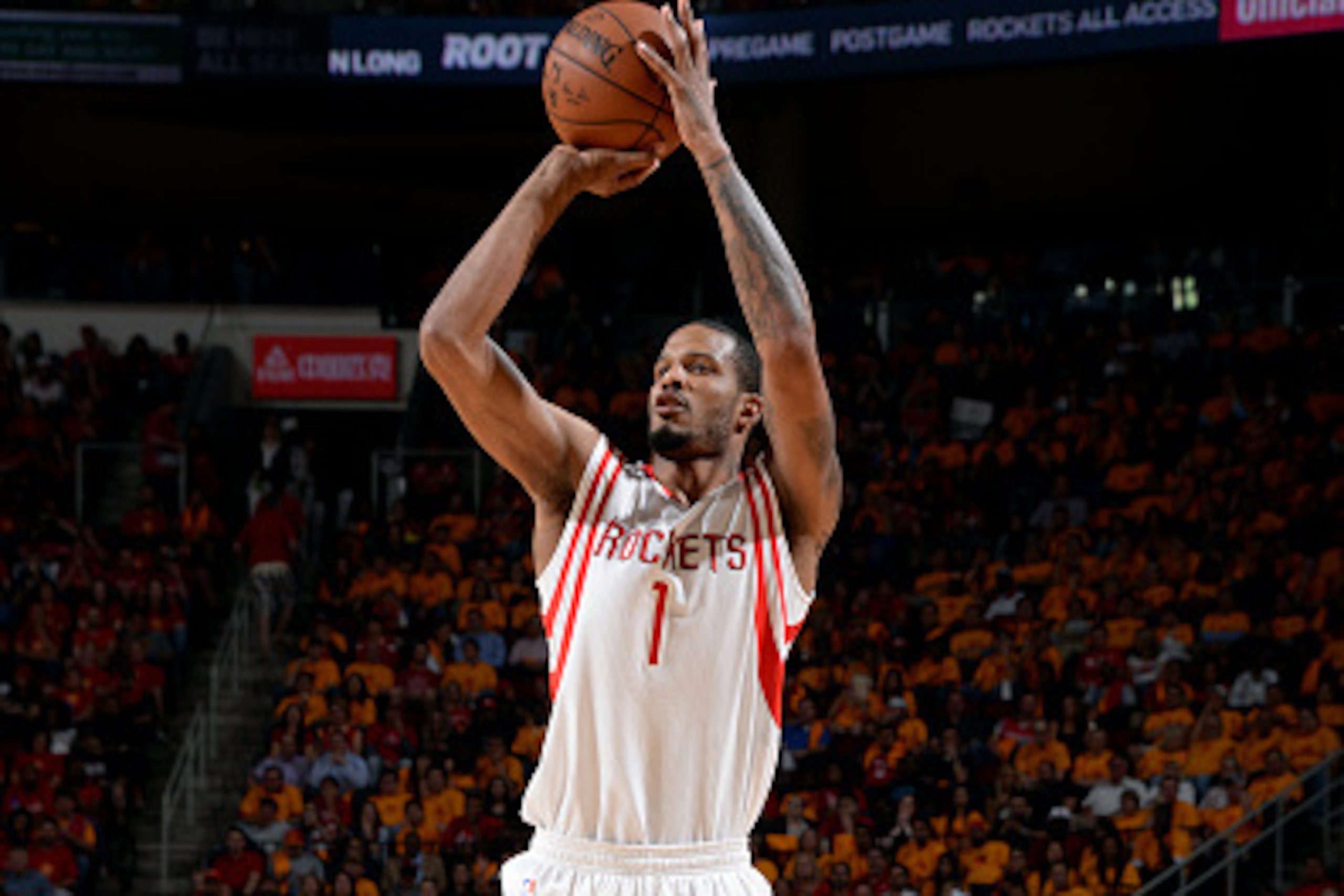 HOUSTON, TX - MAY 12: Trevor Ariza #1 of the Houston Rockets shoots against the Los Angeles Clippers in Game Five of the Western Conference Semifinals during the 2015 NBA Playoffs on May 12, 2015 at the Toyota Center in Houston, Texas. NOTE TO USER: User 