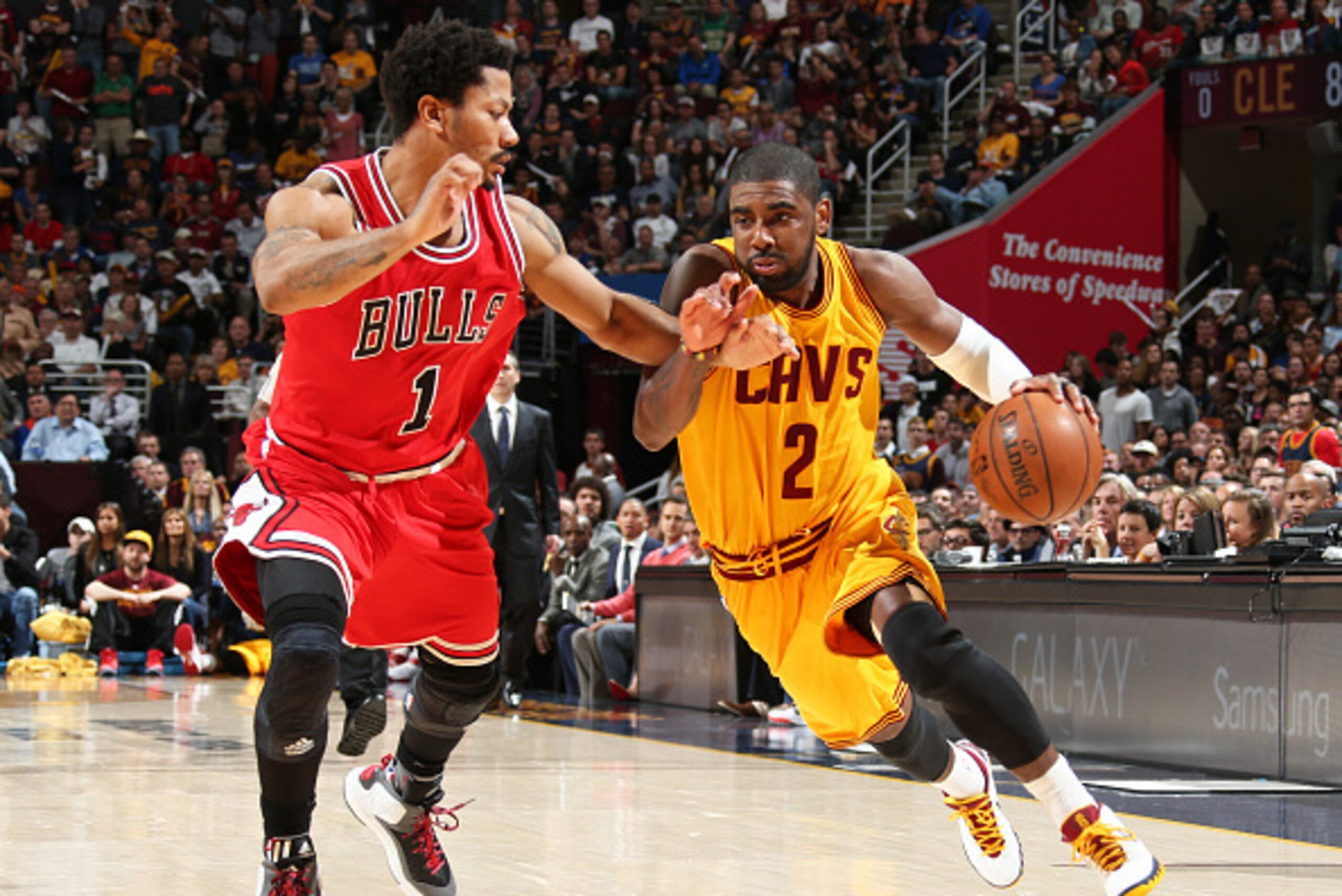 CLEVELAND, OH - MAY 12: Kyrie Irving #2 of the Cleveland Cavaliers handles the ball against the Chicago Bulls in Game Five of the Eastern Conference Semifinals of the NBA Playoffs at The Quicken Loans Arena on May 12, 2015 in Cleveland, Ohio. NOTE TO USER