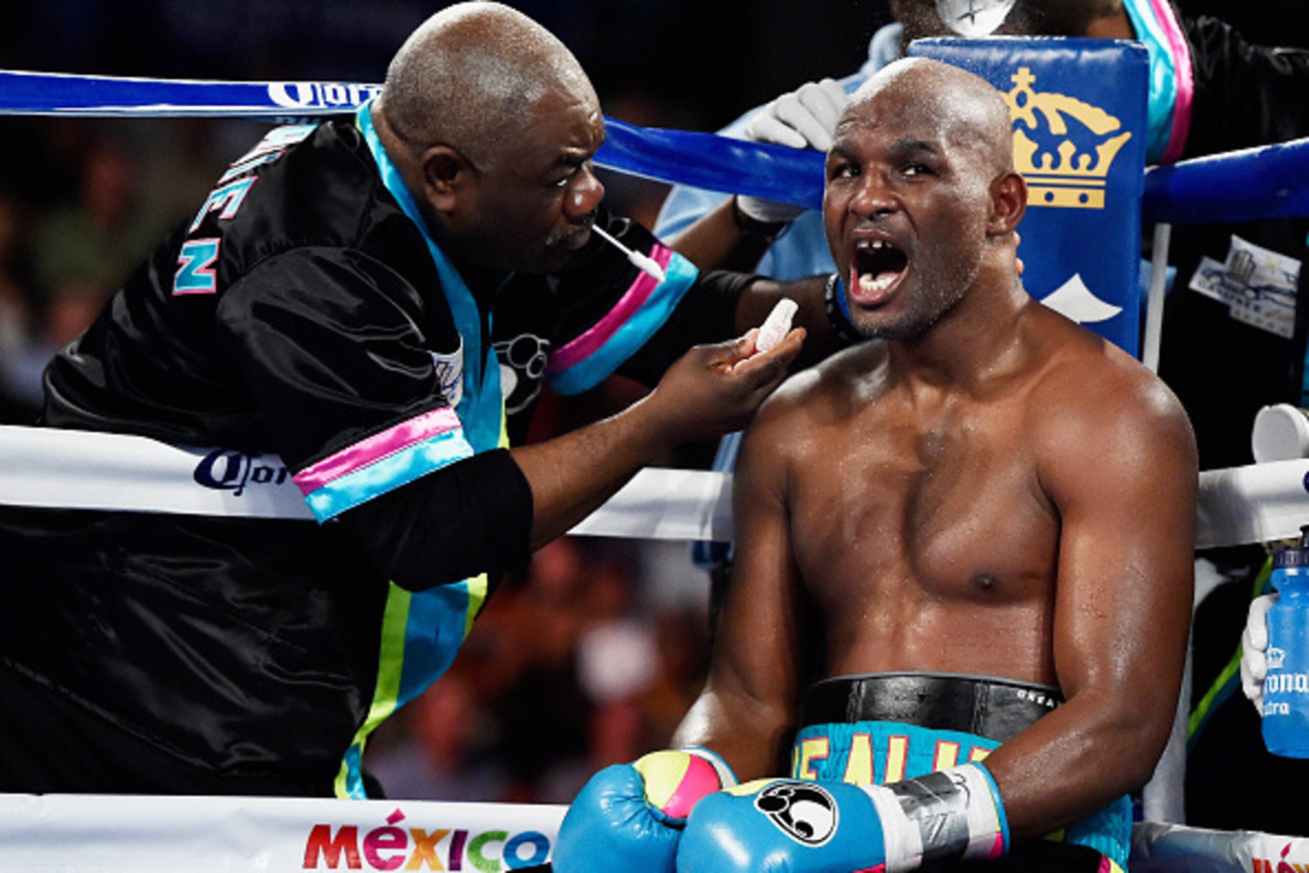 ATLANTIC CITY, NJ - NOVEMBER 08:  Bernard Hopkins sits between rounds against Sergey Kovalev during their IBF, WBA, & WBO Light Heavyweight title fight at Boardwalk Hall Arena on November 8, 2014 in Atlantic City, New Jersey.  (Photo by Al Bello/Getty Ima