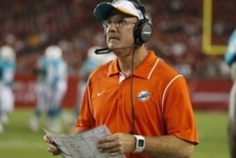 Aug 16, 2014; Tampa, FL, USA; Miami Dolphins defensive coordinator Kevin Coyle during the second half at Raymond James Stadium. Miami Dolphins defeated the Tampa Bay Buccaneers 20-14. Mandatory Credit: Kim Klement-USA TODAY Sports