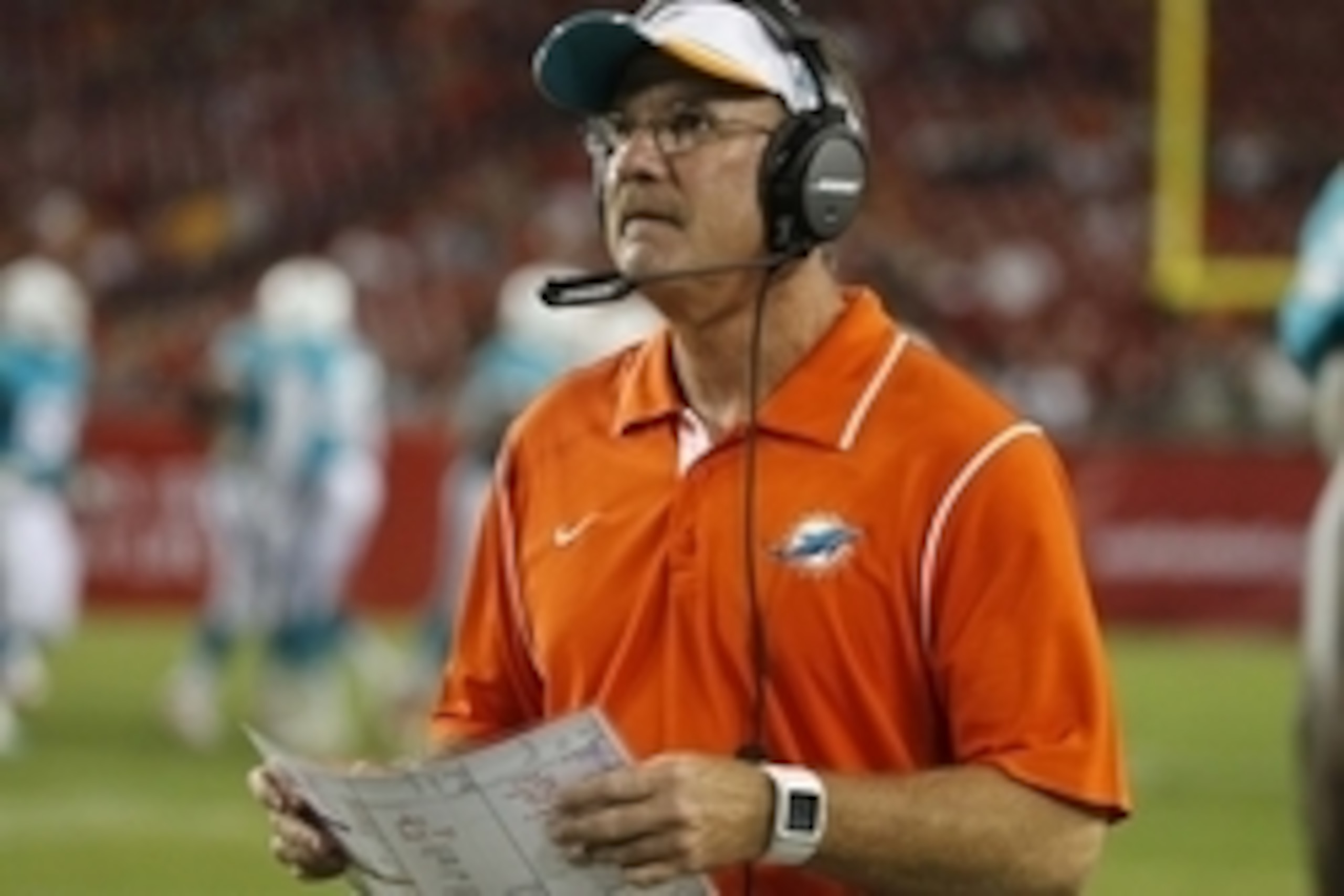 Aug 16, 2014; Tampa, FL, USA; Miami Dolphins defensive coordinator Kevin Coyle during the second half at Raymond James Stadium. Miami Dolphins defeated the Tampa Bay Buccaneers 20-14. Mandatory Credit: Kim Klement-USA TODAY Sports