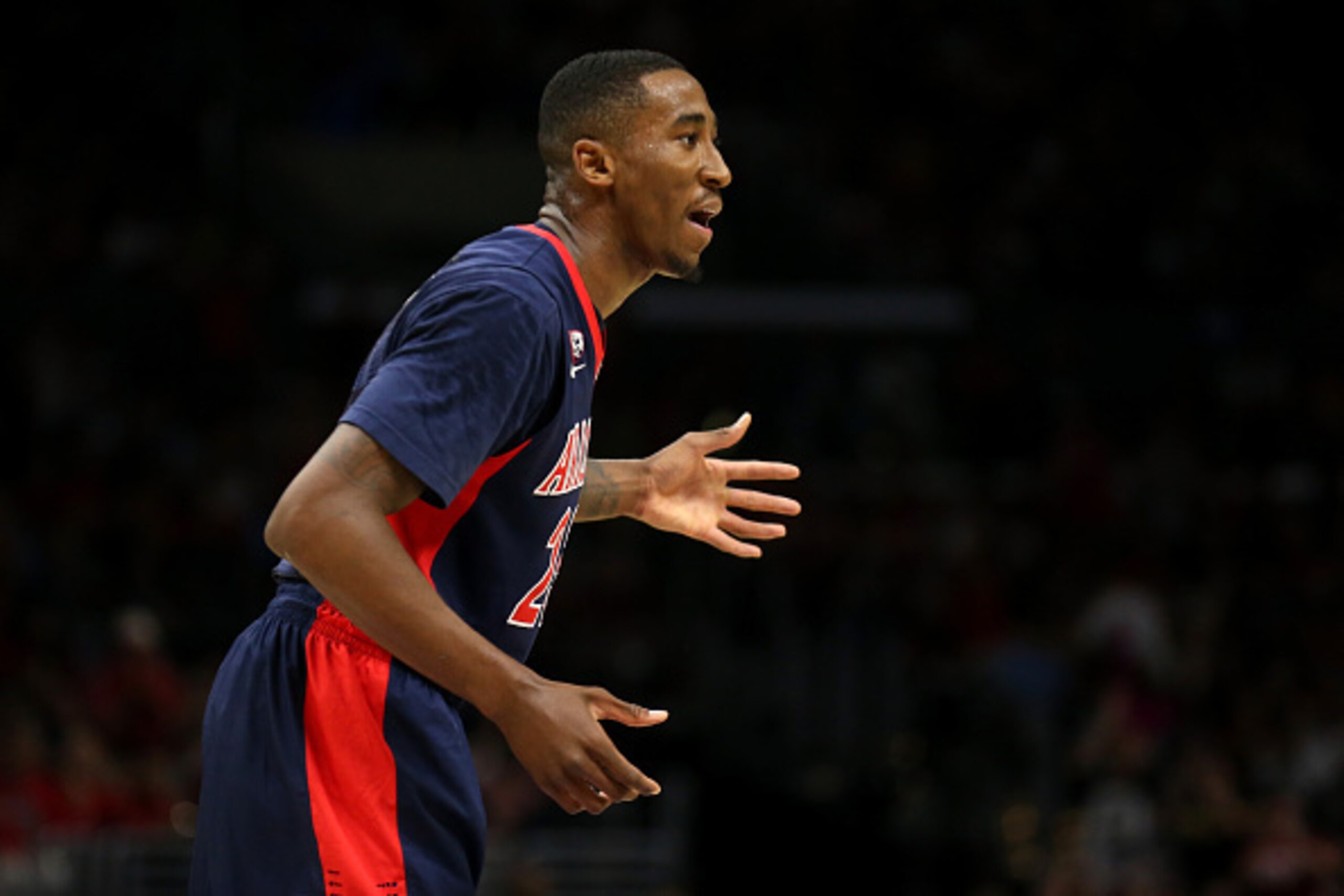 LOS ANGELES, CA - MARCH 28:  Rondae Hollis-Jefferson #23 of the Arizona Wildcats reacts in the first half against the Wisconsin Badgers during the West Regional Final of the 2015 NCAA Men's Basketball Tournament at Staples Center on March 28, 2015 in Los 