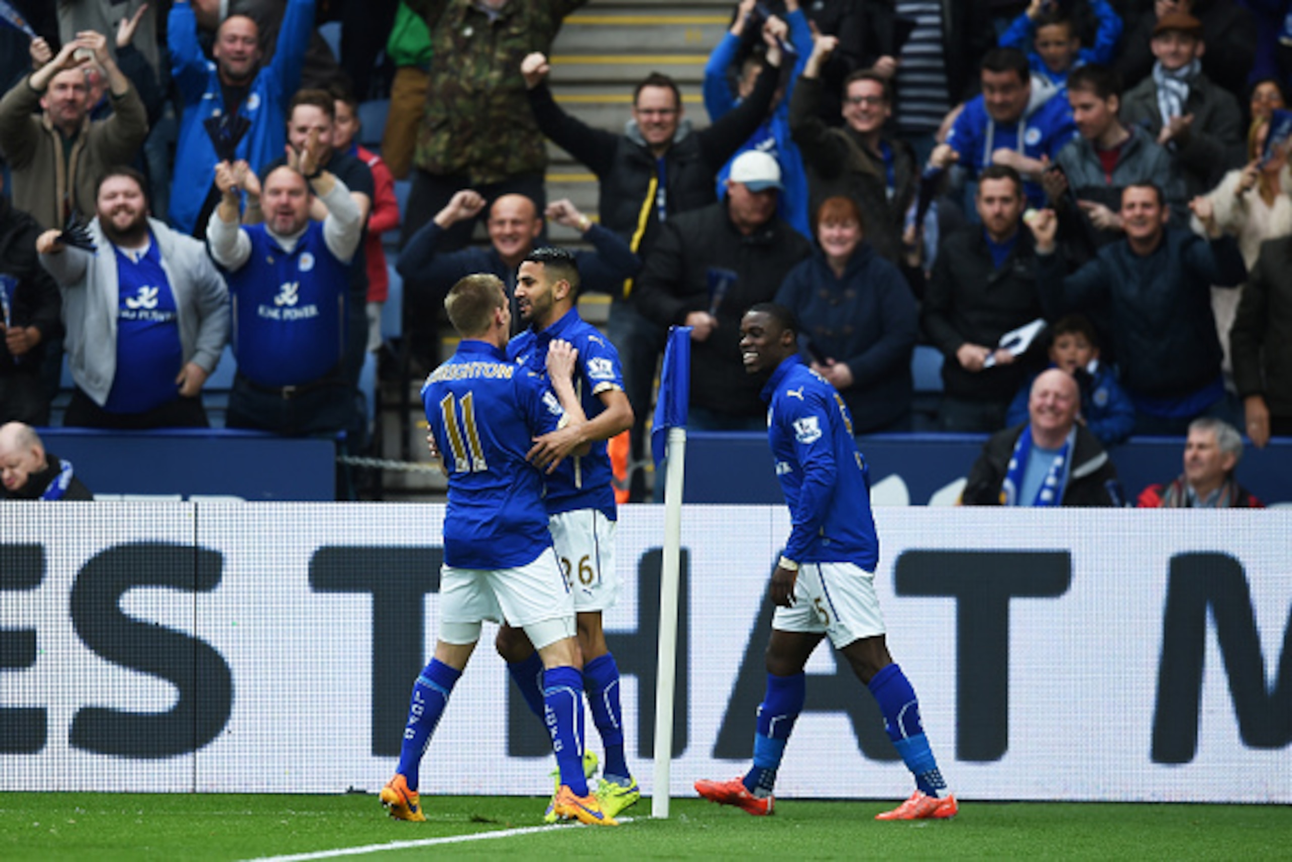 LEICESTER, ENGLAND - MAY 09: Riyad Mahrez (C) of Leicester City celebrates scoring the opening goal with team mate Marc Albrighton (L) during the Barclays Premier League match between Leicester City and Southampton at The King Power Stadium on May 9, 201 LEICESTER, ENGLAND - MAY 09: Riyad Mahrez (C) of Leicester City celebrates scoring the opening goal with team mate Marc Albrighton (L) during the Barclays Premier League match between Leicester City and Southampton at The King Power Stadium on May 9, 201